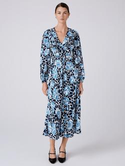 Ghost Noa Floral Long Sleeve V Neck Midi Dress, Blue/Multi