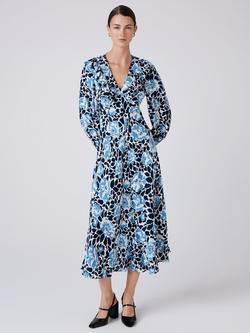 Ghost Noa Floral Long Sleeve V Neck Midi Dress - view 2, Blue/Multi