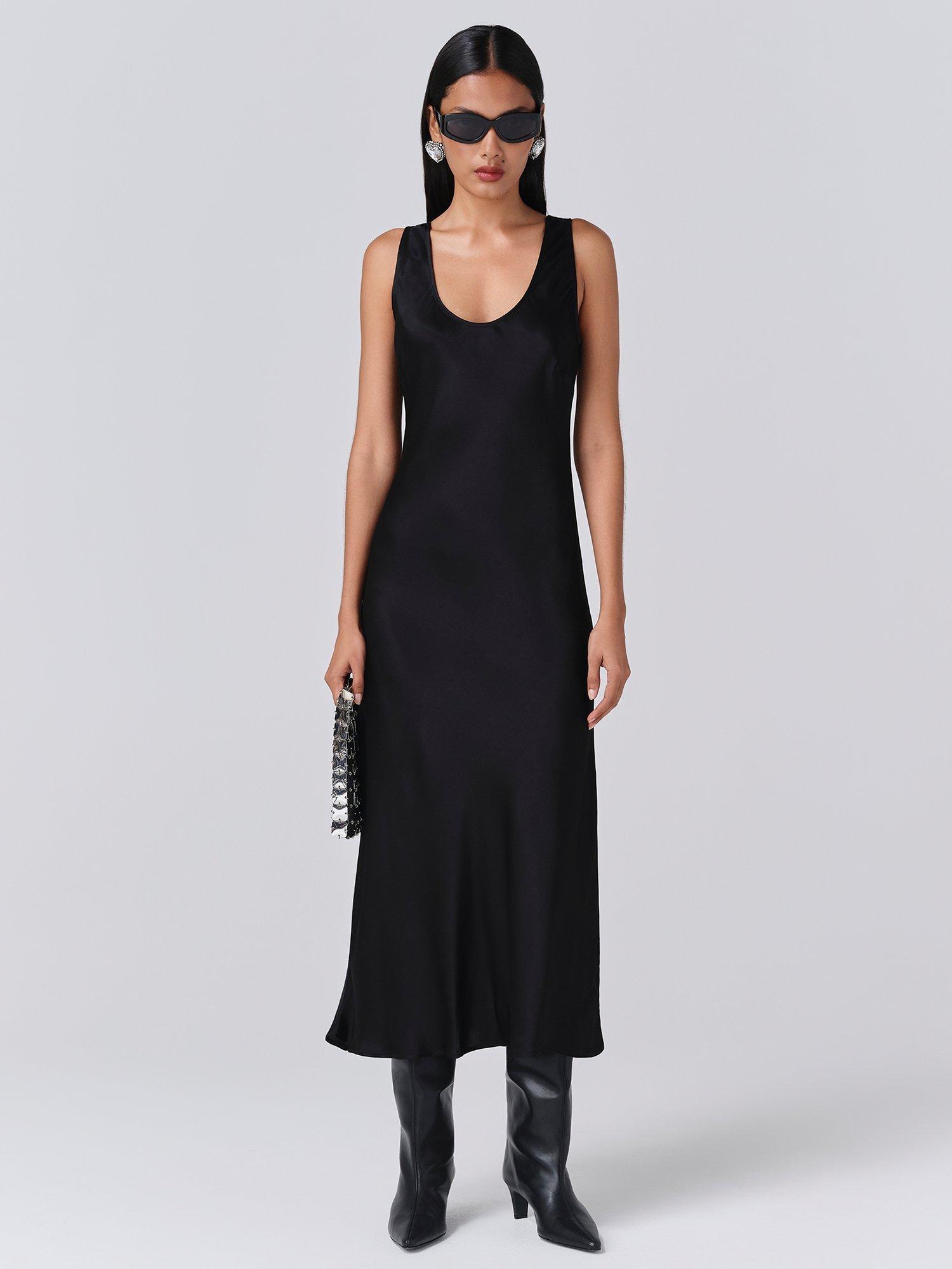 Product image 1 of 5, which shows Ghost Palm Sleeveless Scoop Neck Midi Dress, Black, XS