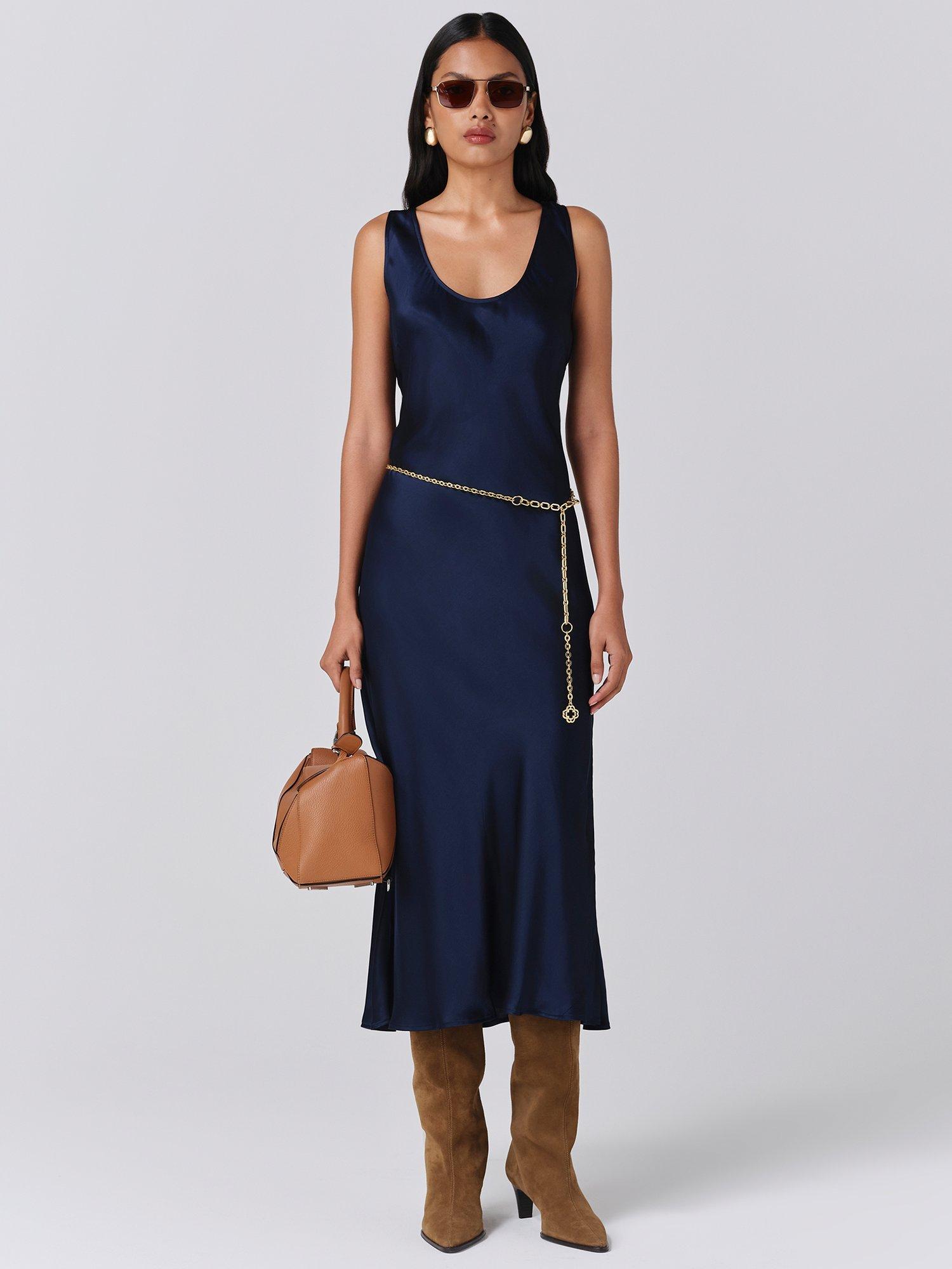 Product image 1 of 5, which shows Ghost Palm Satin Midi Dress, Navy, XS