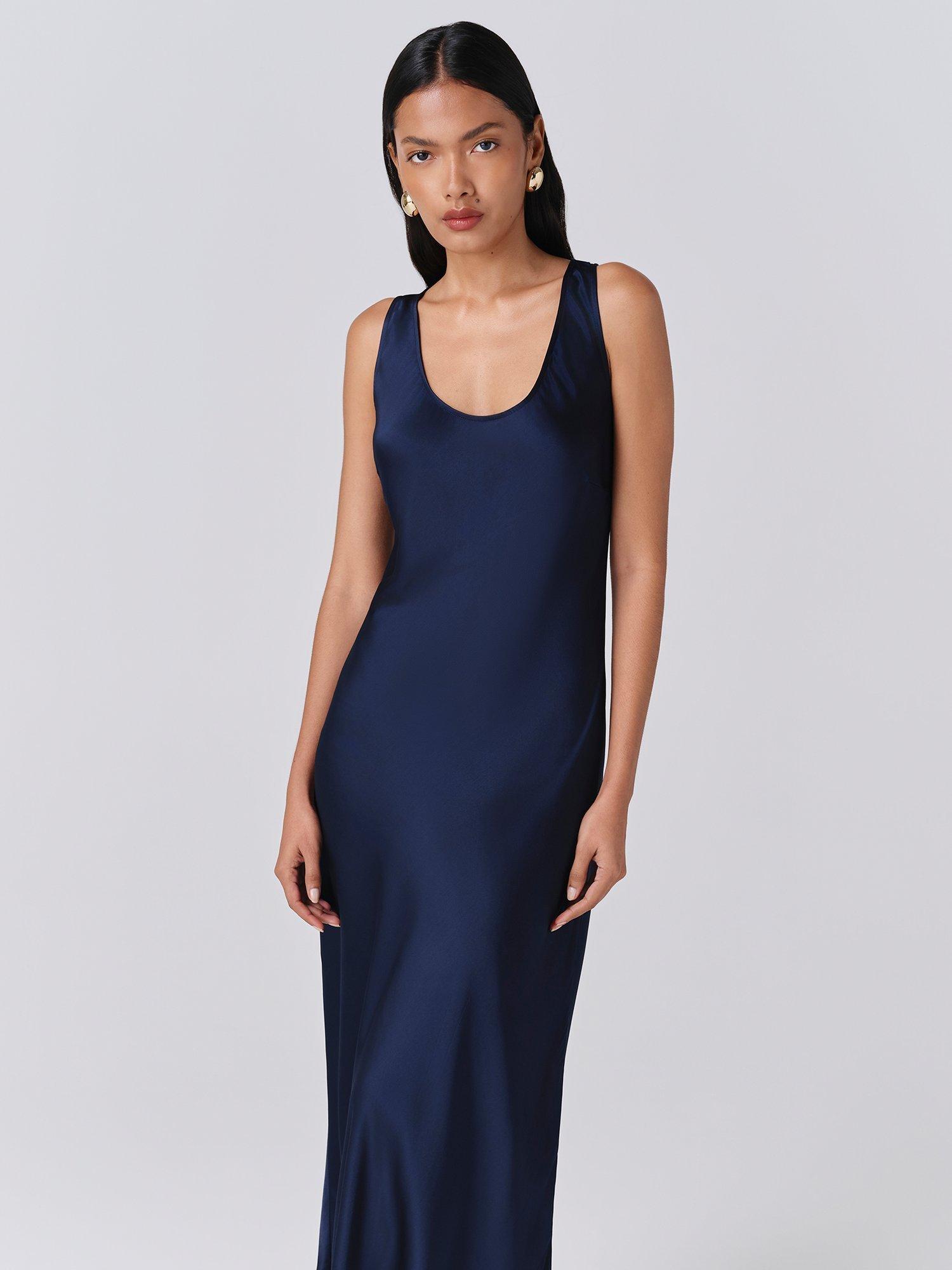 Product image 3 of 5, which shows Ghost Palm Satin Midi Dress, Navy, XS