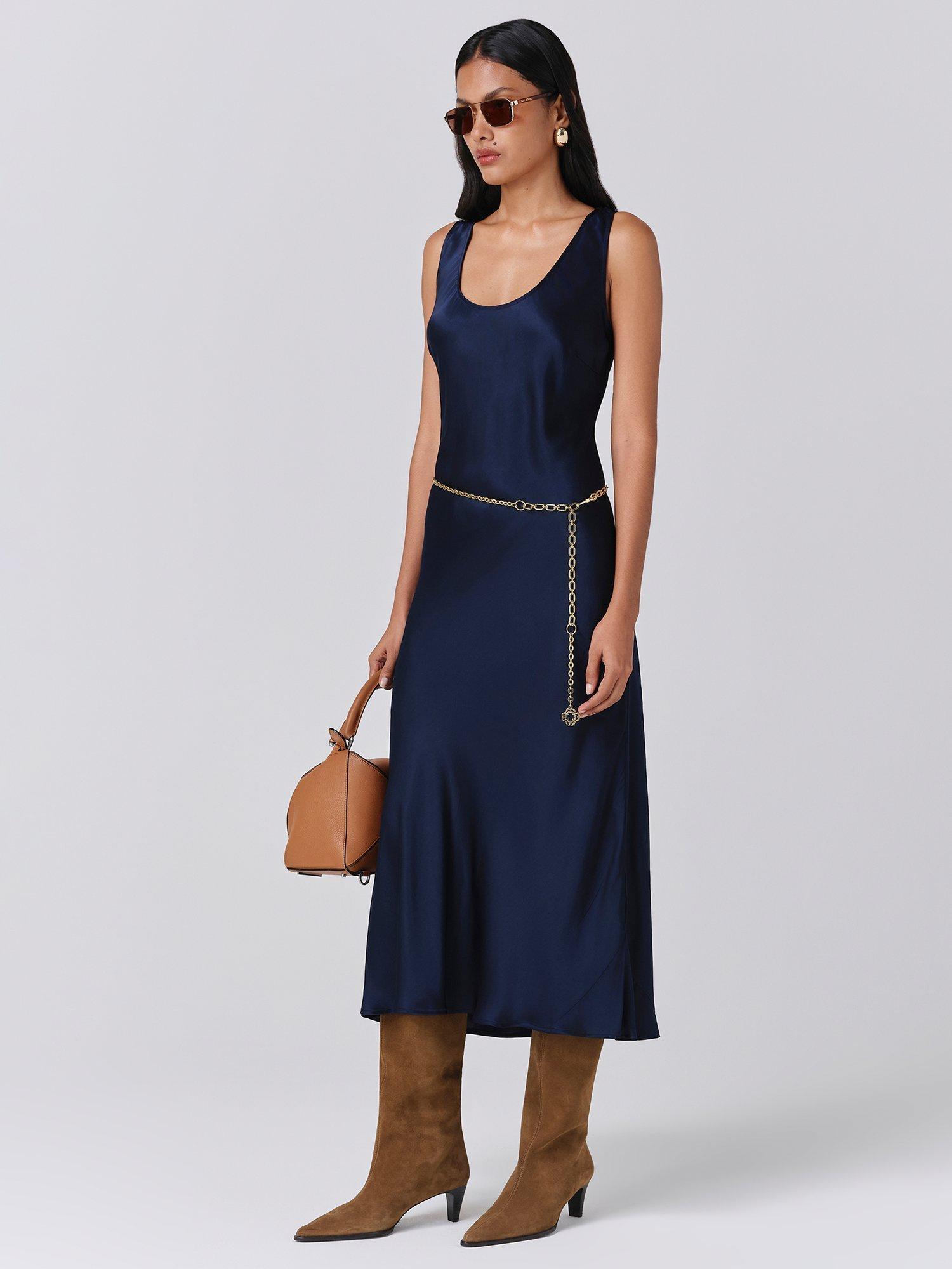 Product image 4 of 5, which shows Ghost Palm Satin Midi Dress, Navy, XS