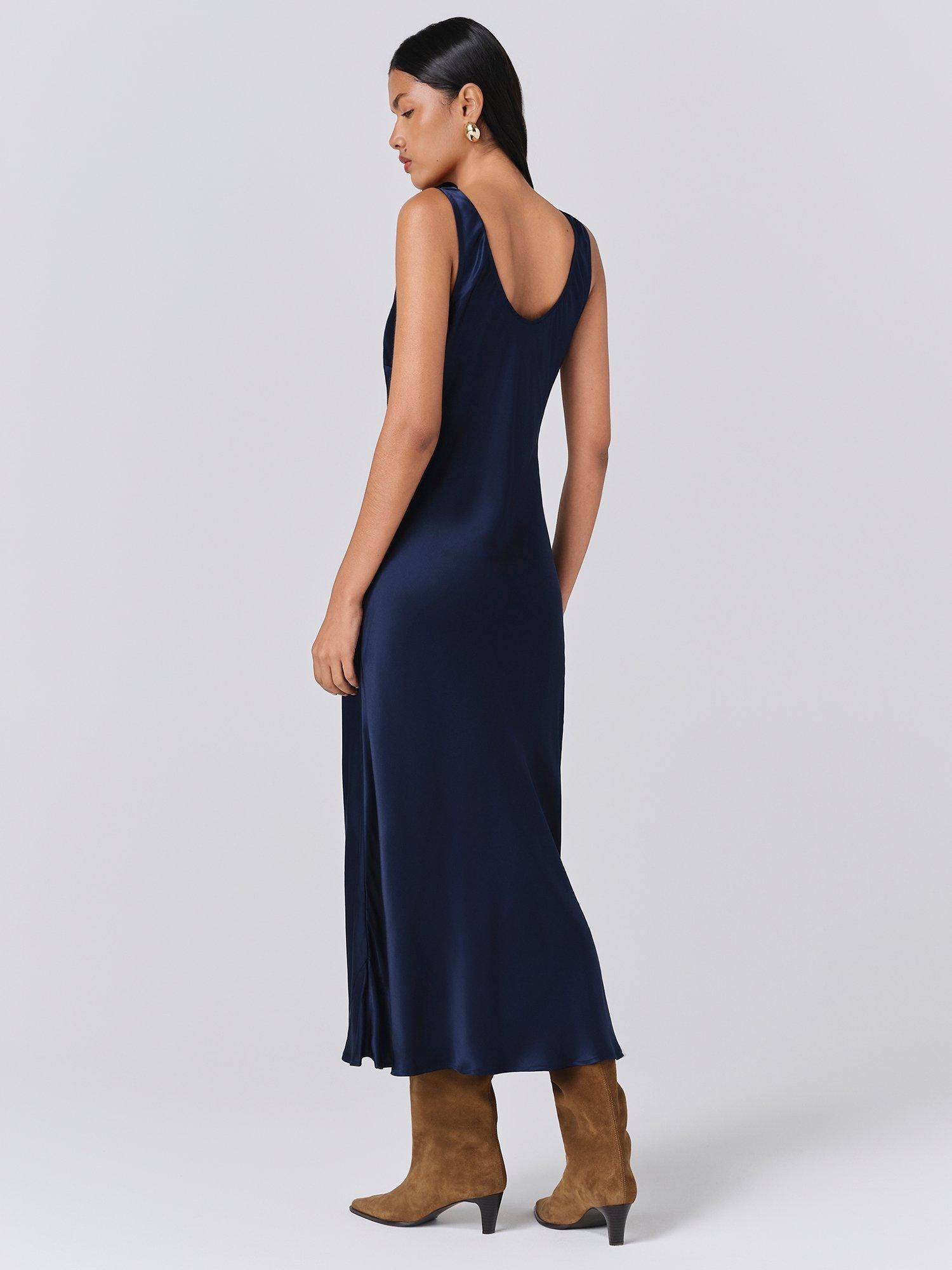 Product image 5 of 5, which shows Ghost Palm Satin Midi Dress, Navy, XS