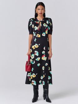 Ghost Savannah Floral Puff Sleeve Tie Neck Midi Dress, Navy/Multi
