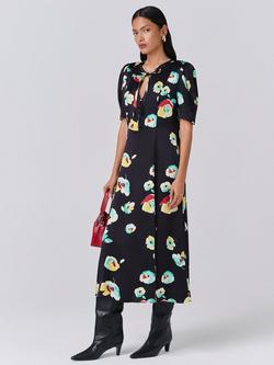 Ghost Savannah Floral Puff Sleeve Tie Neck Midi Dress - view 2, Navy/Multi