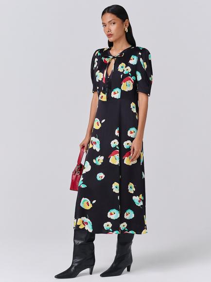 Ghost Savannah Floral Puff Sleeve Tie Neck Midi Dress - view 2, Navy/Multi