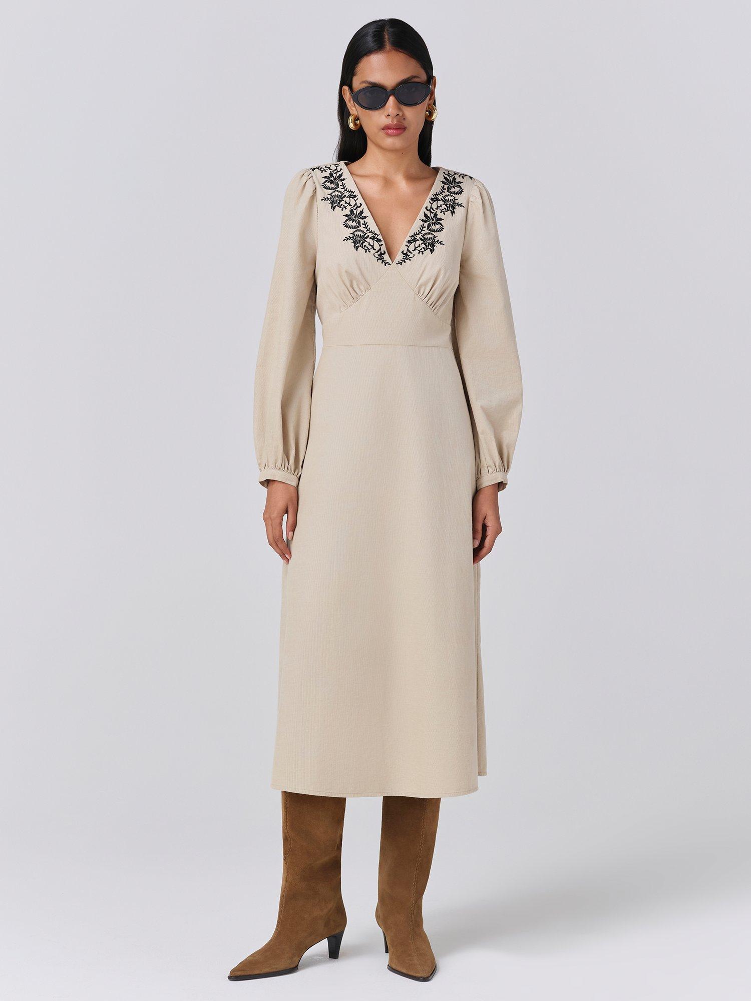 Product image 1 of 5, which shows Ghost Sienna Corduroy Dress, Stone, XS