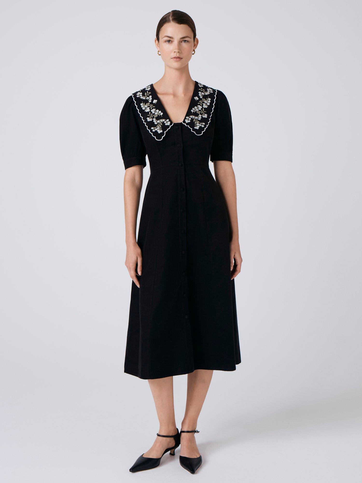 Product image 1 of 5, which shows Ghost Sloane Cotton A-Line Midi Dress, Black, XS