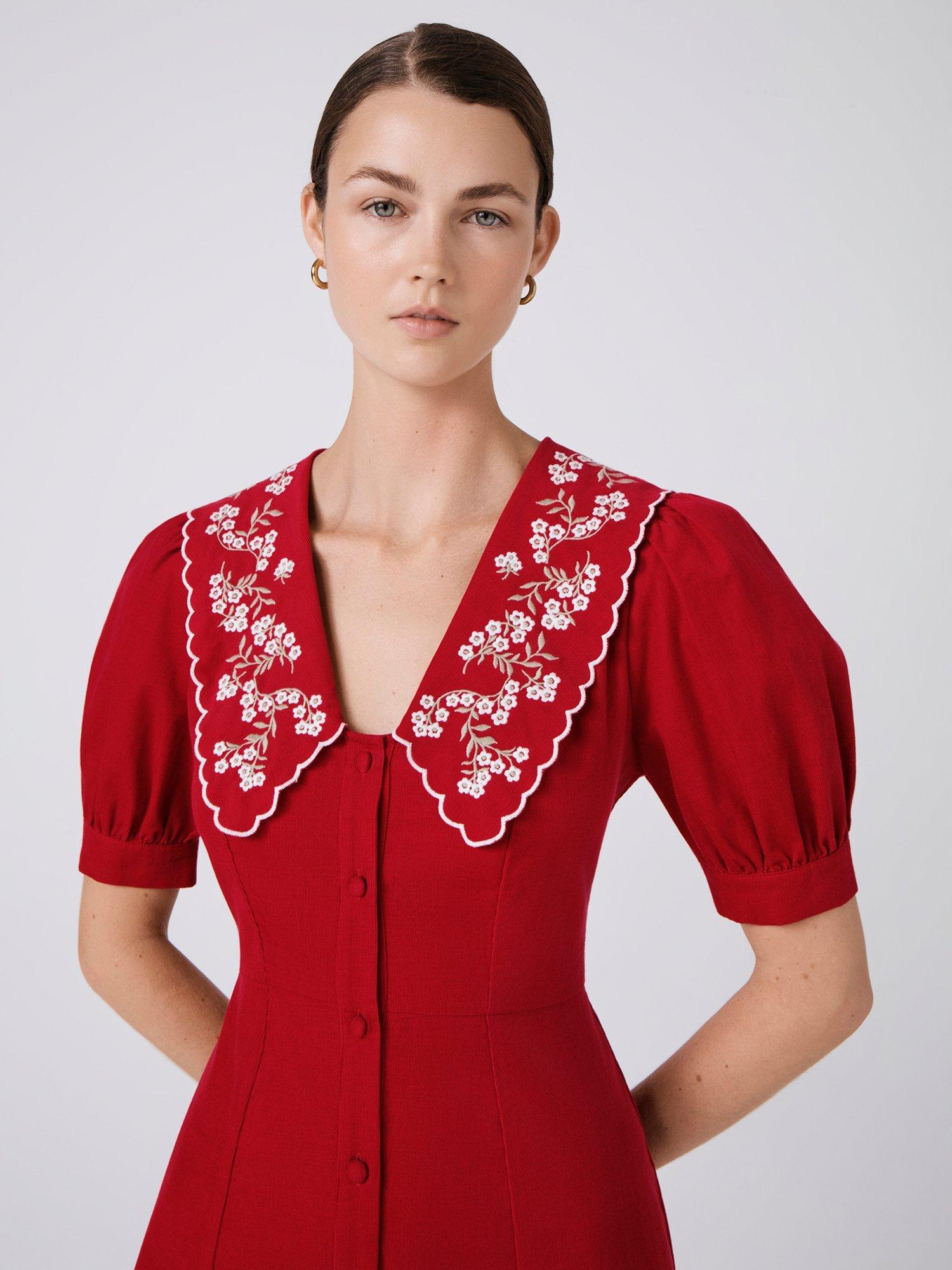 Product image 2 of 5, which shows Ghost Sloane Embroidered Collar Dress, Red, XS