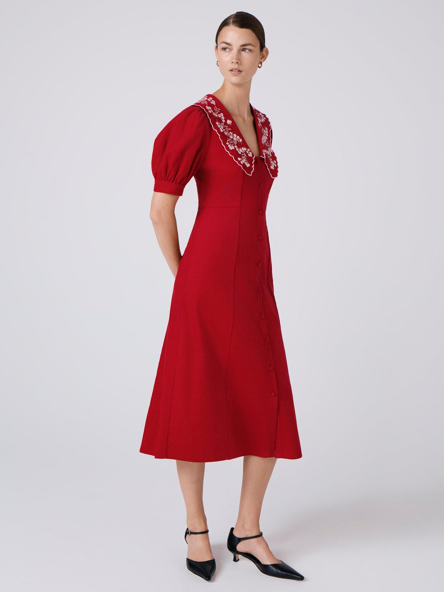 Product image 3 of 5, which shows Ghost Sloane Embroidered Collar Dress, Red, XS