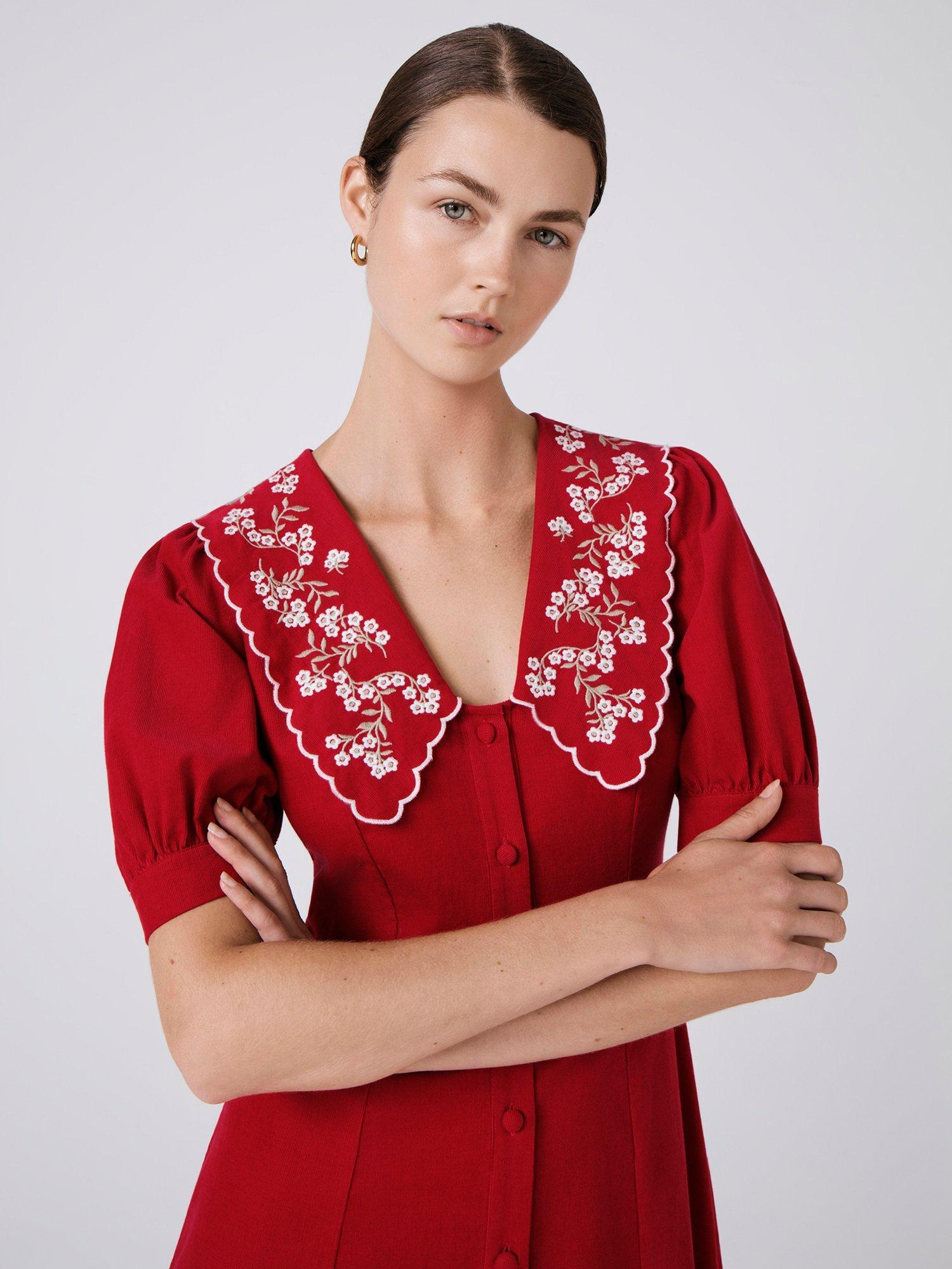 Product image 4 of 5, which shows Ghost Sloane Embroidered Collar Dress, Red, XS