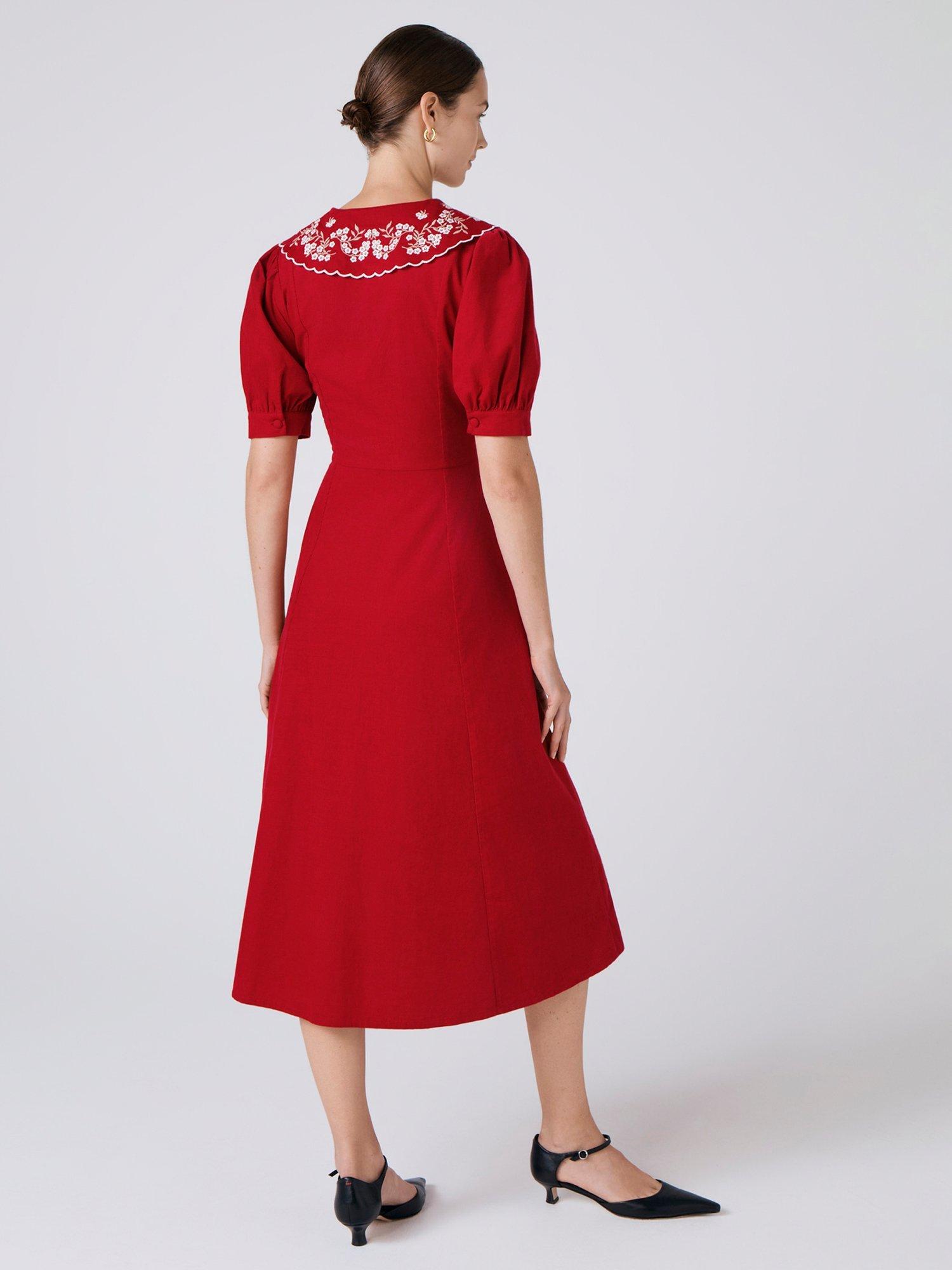 Product image 5 of 5, which shows Ghost Sloane Embroidered Collar Dress, Red, XS