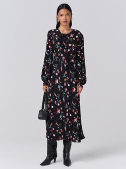 Ghost Stella Floral Long Sleeve Round Neck Midi Dress, Black/Multi