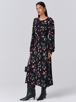 Ghost Stella Floral Long Sleeve Round Neck Midi Dress - view 2, Black/Multi