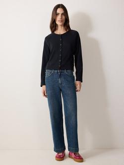 Jigsaw Cotton Luxe Crew Neck Cardigan, Navy