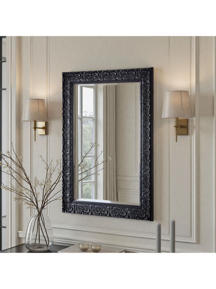 Yearn Carved Rectangular Wall Mirror, Black, Black
