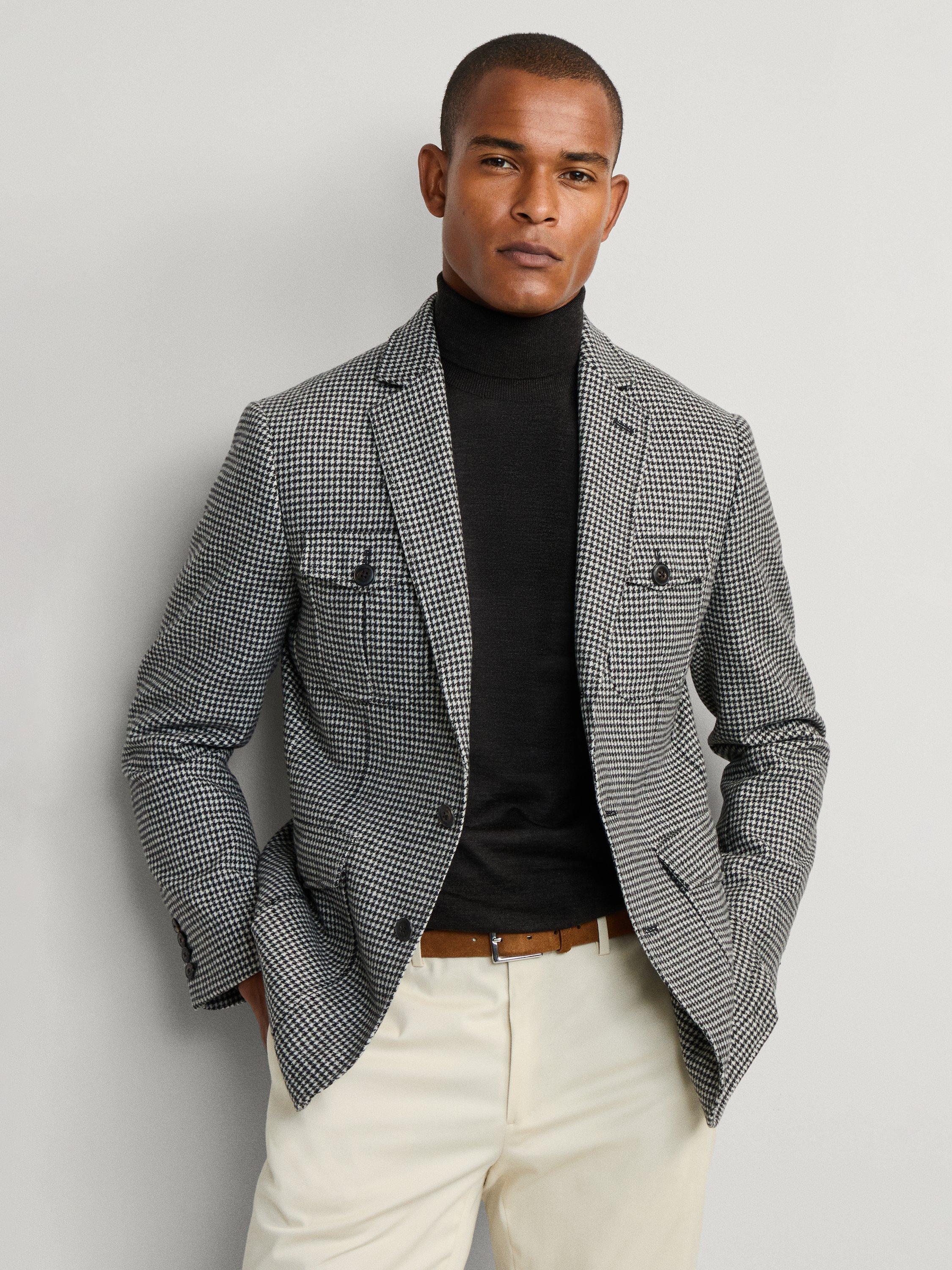 Product image 7 of 7, which shows Hackett London Safari Block Houndstooth Wool Blend Blazer, Granite Grey, 48