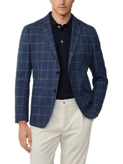 Hackett London Cotton Blend Windowpane Check Blazer, Blue, Blue