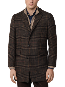 Hackett London Chadwick Block Check Wool Blend Overcoat, Brown, Brown