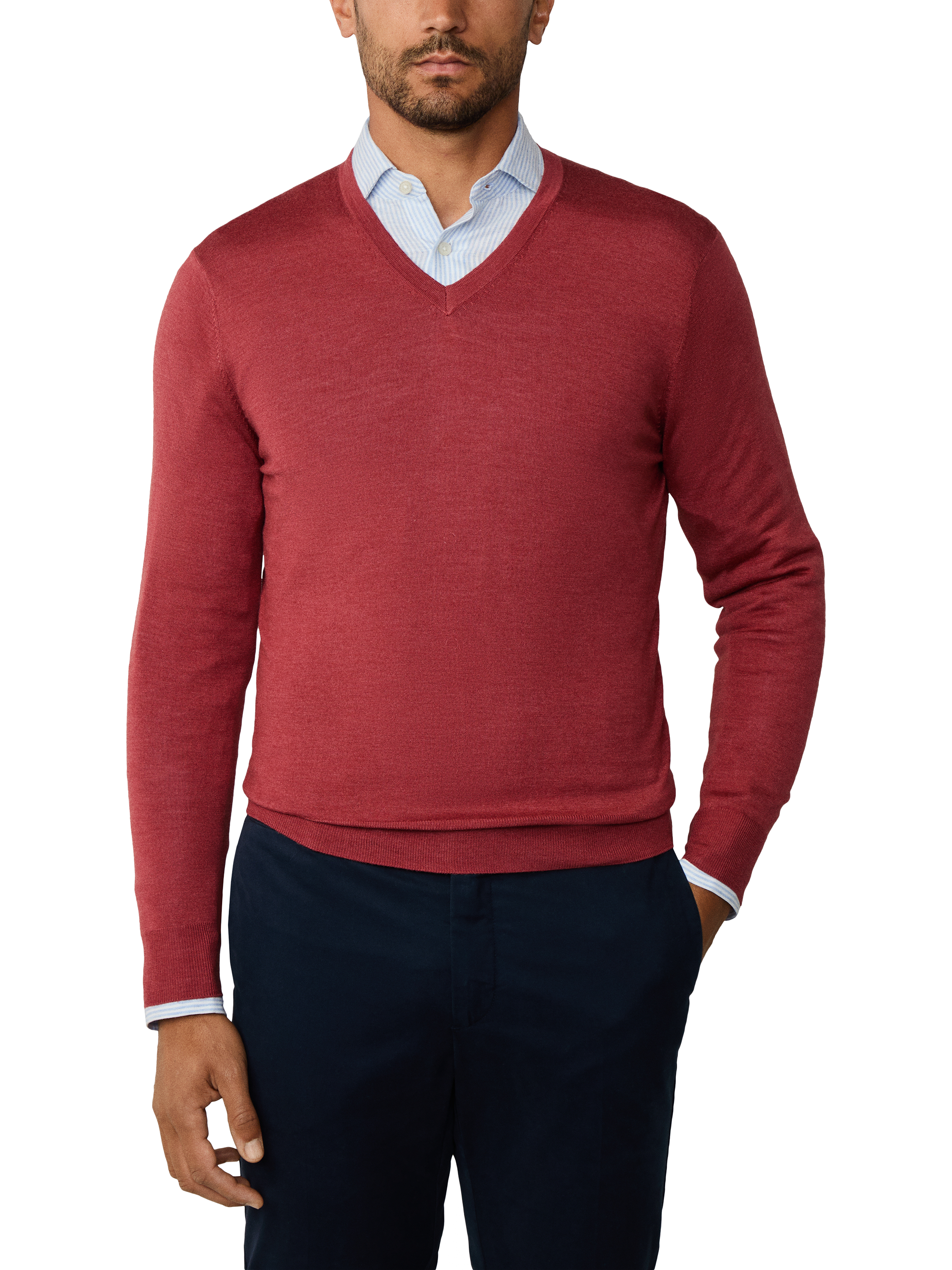 Product image 1 of 8, which shows Hackett London Wool Blend V Neck Jumper, Burnt Red, XXXL
