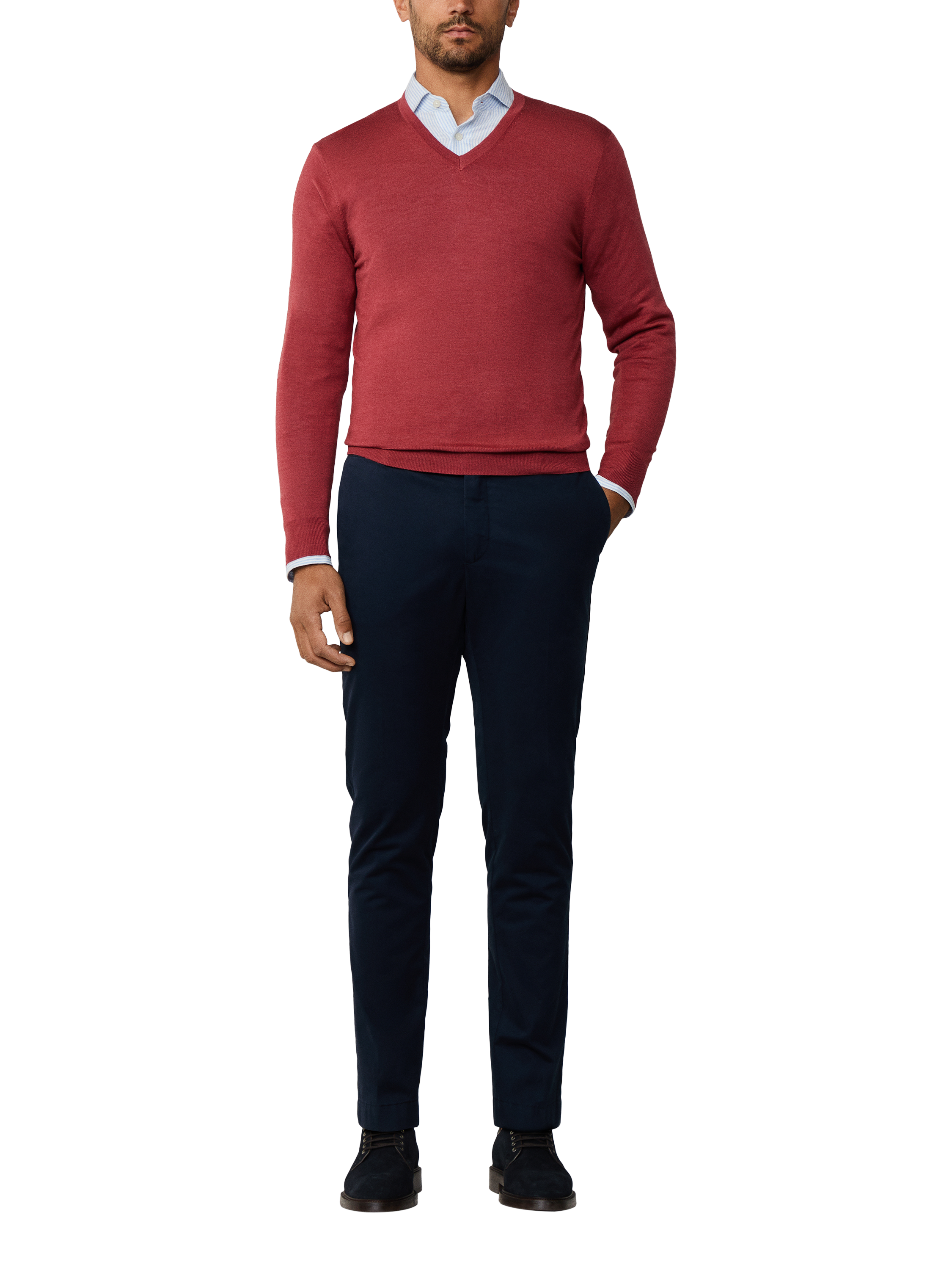Product image 2 of 8, which shows Hackett London Wool Blend V Neck Jumper, Burnt Red, XXXL