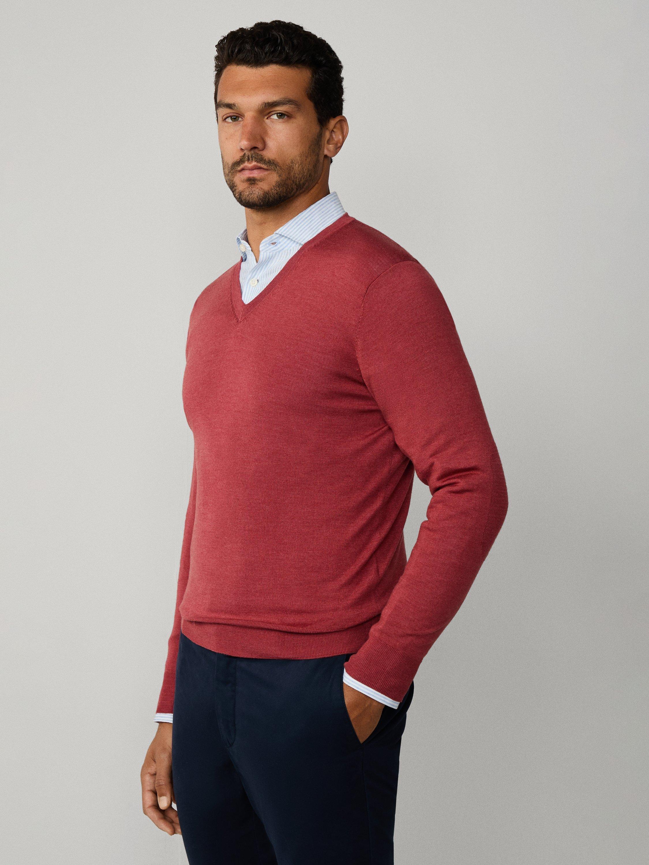Product image 7 of 8, which shows Hackett London Wool Blend V Neck Jumper, Burnt Red, XXXL