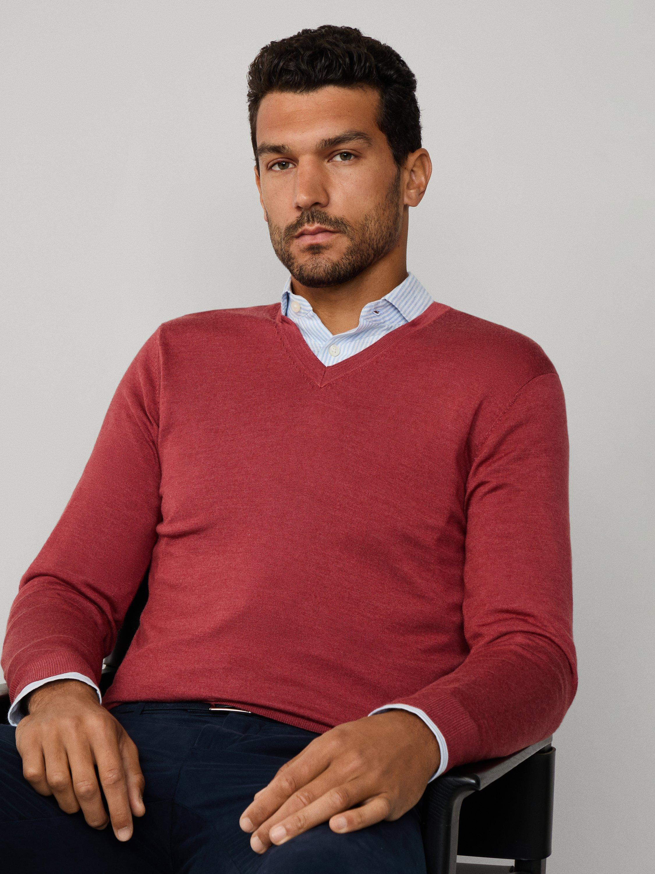 Product image 8 of 8, which shows Hackett London Wool Blend V Neck Jumper, Burnt Red, XXXL