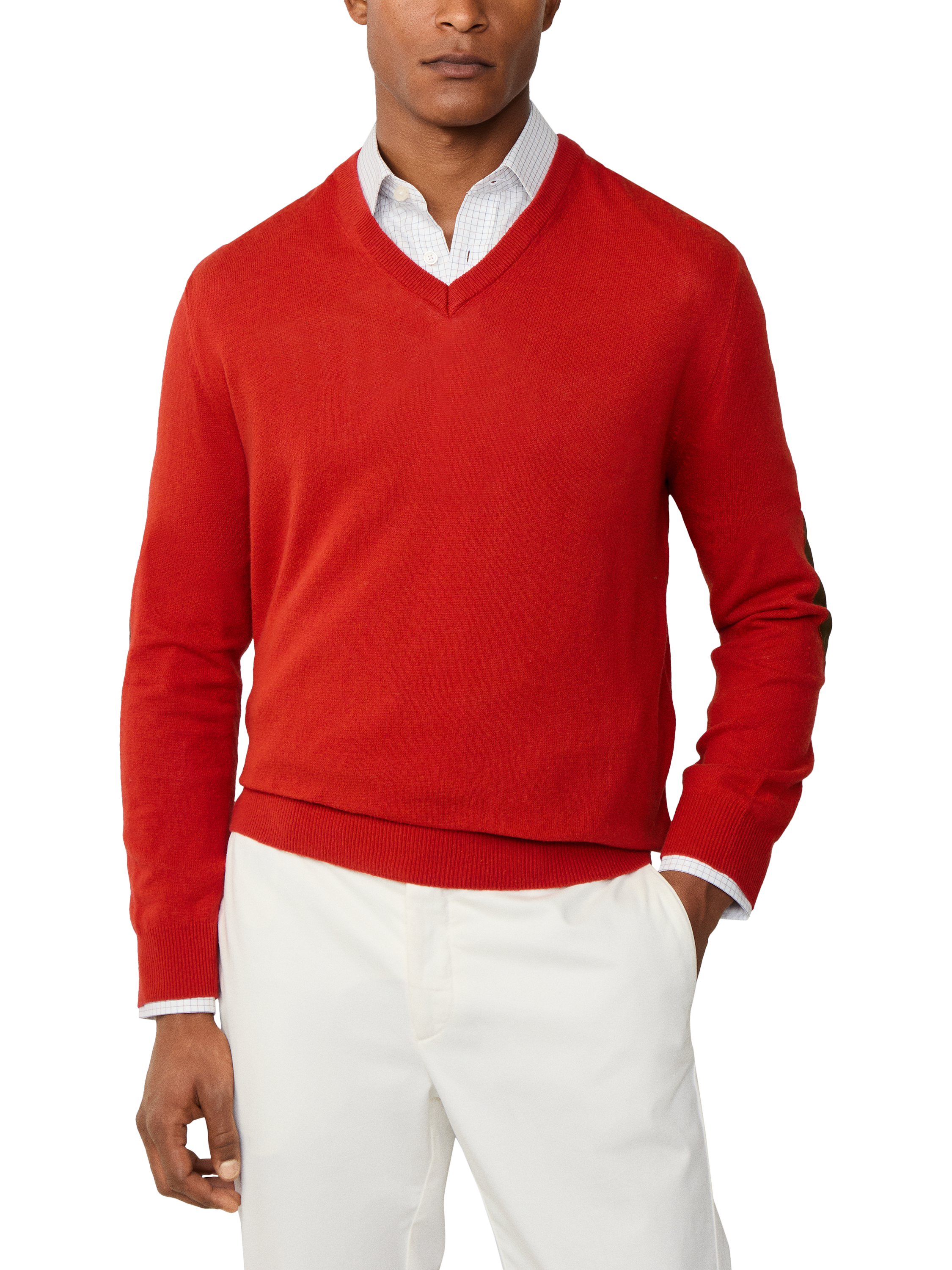Product image 1 of 7, which shows Hackett London Cashmere Blend V Neck Jumper, Burnt Orange, XS
