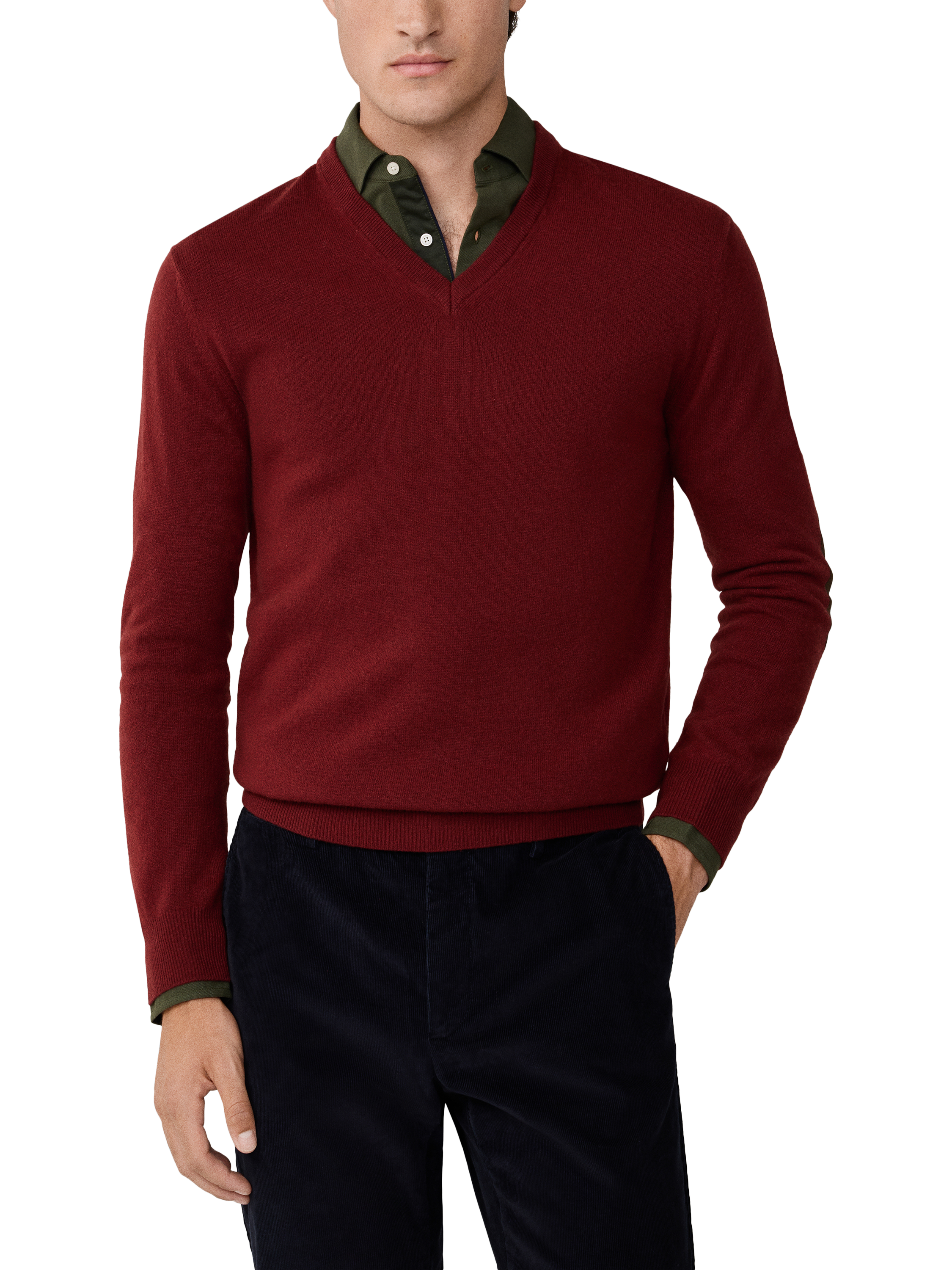 Product image 1 of 8, which shows Hackett London Cashmere Blend V Neck Jumper, Burgundy Red, XXXL