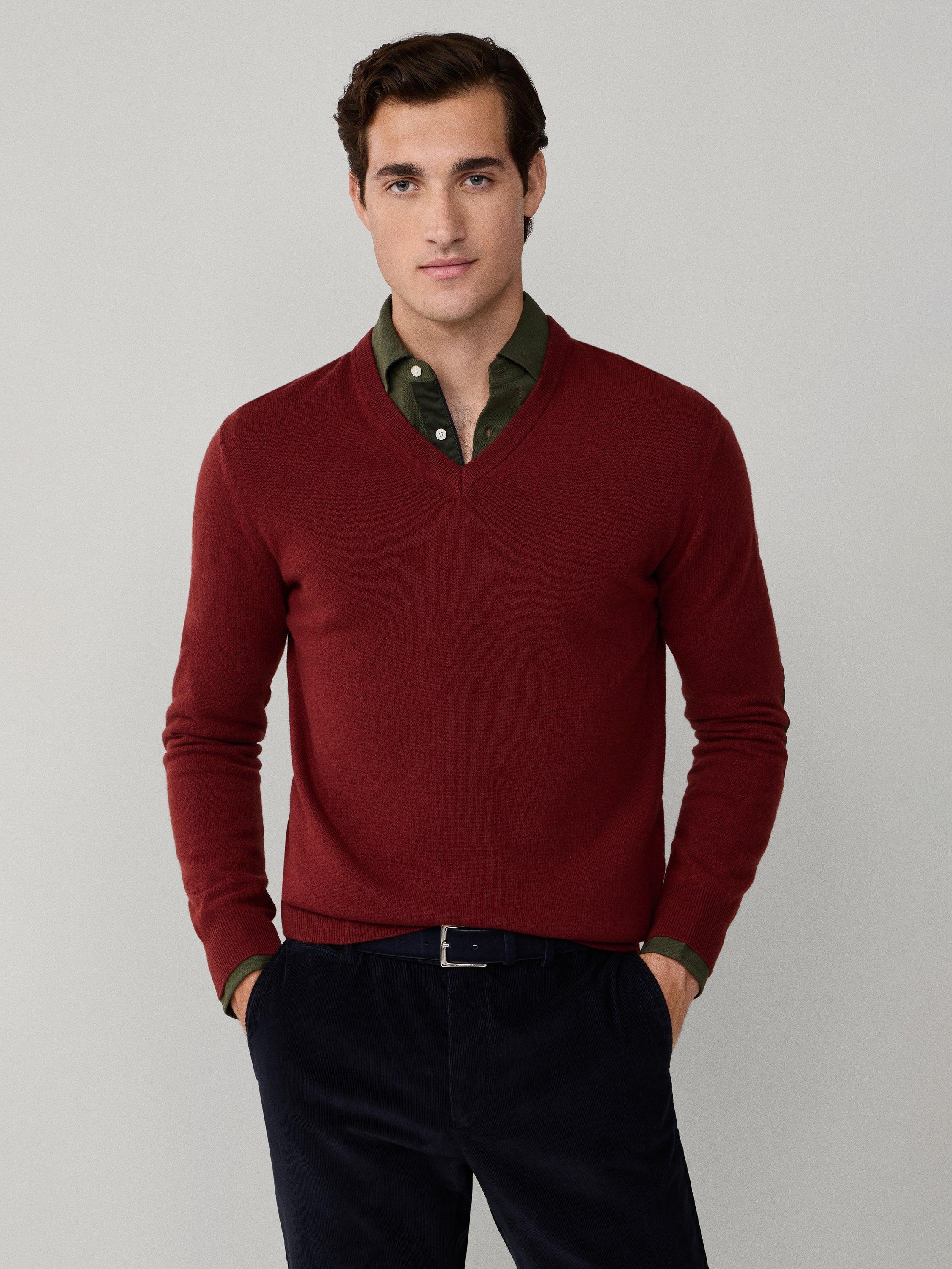 Product image 8 of 8, which shows Hackett London Cashmere Blend V Neck Jumper, Burgundy Red, XXXL