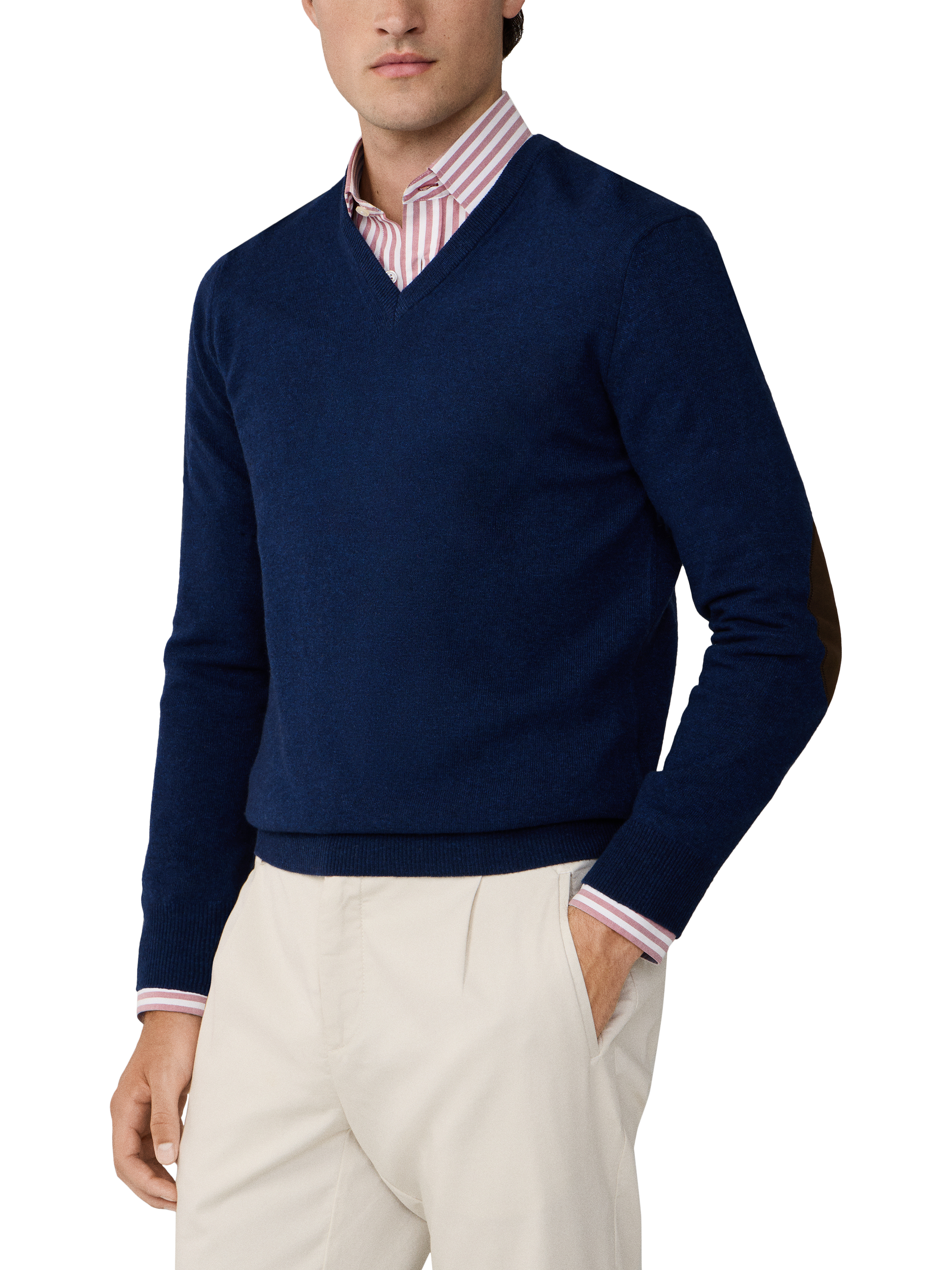 Product image 1 of 7, which shows Hackett London Cashmere Blend V Neck Jumper, Denim Blue, XXL