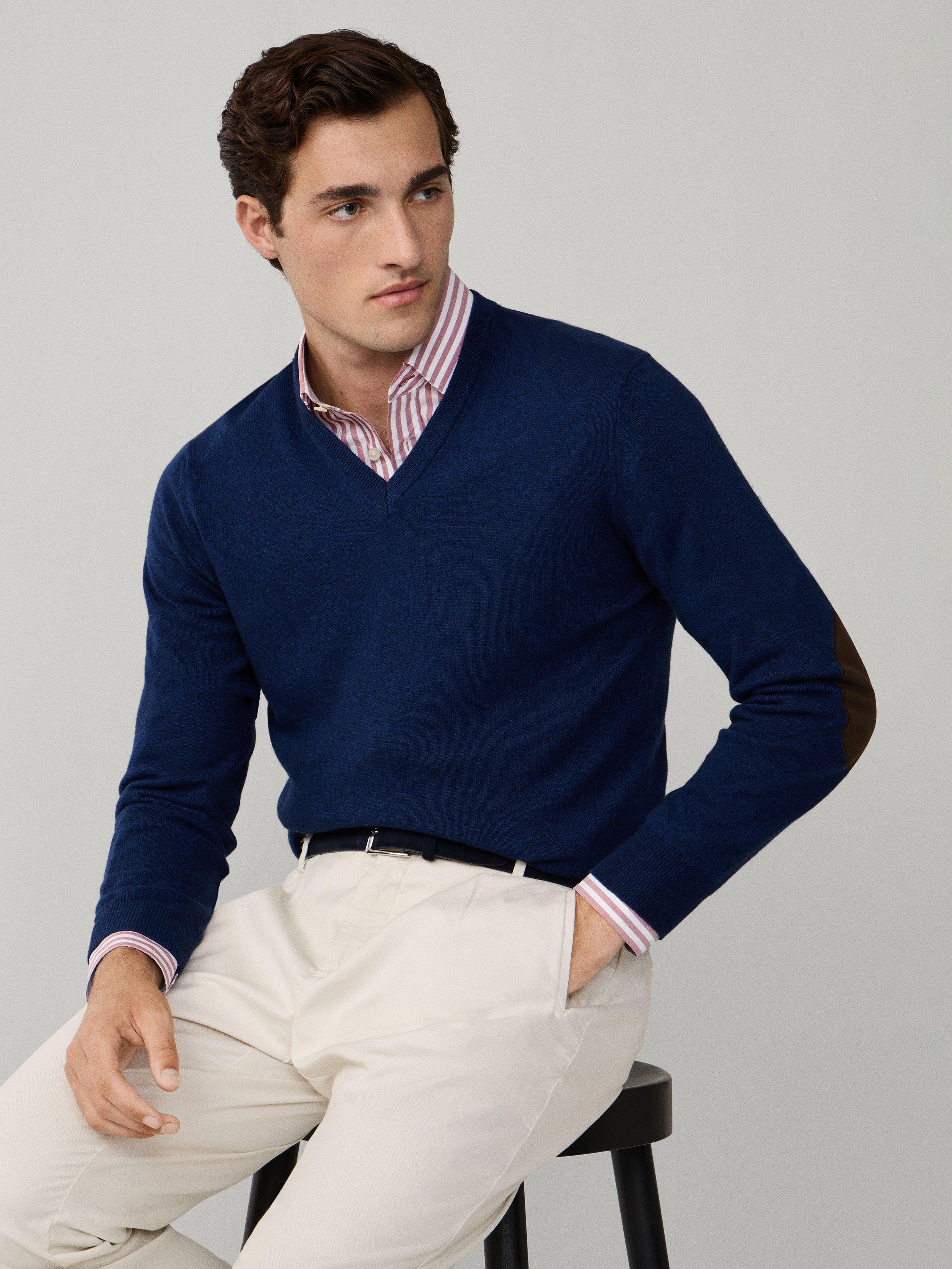 Product image 7 of 7, which shows Hackett London Cashmere Blend V Neck Jumper, Denim Blue, XXL