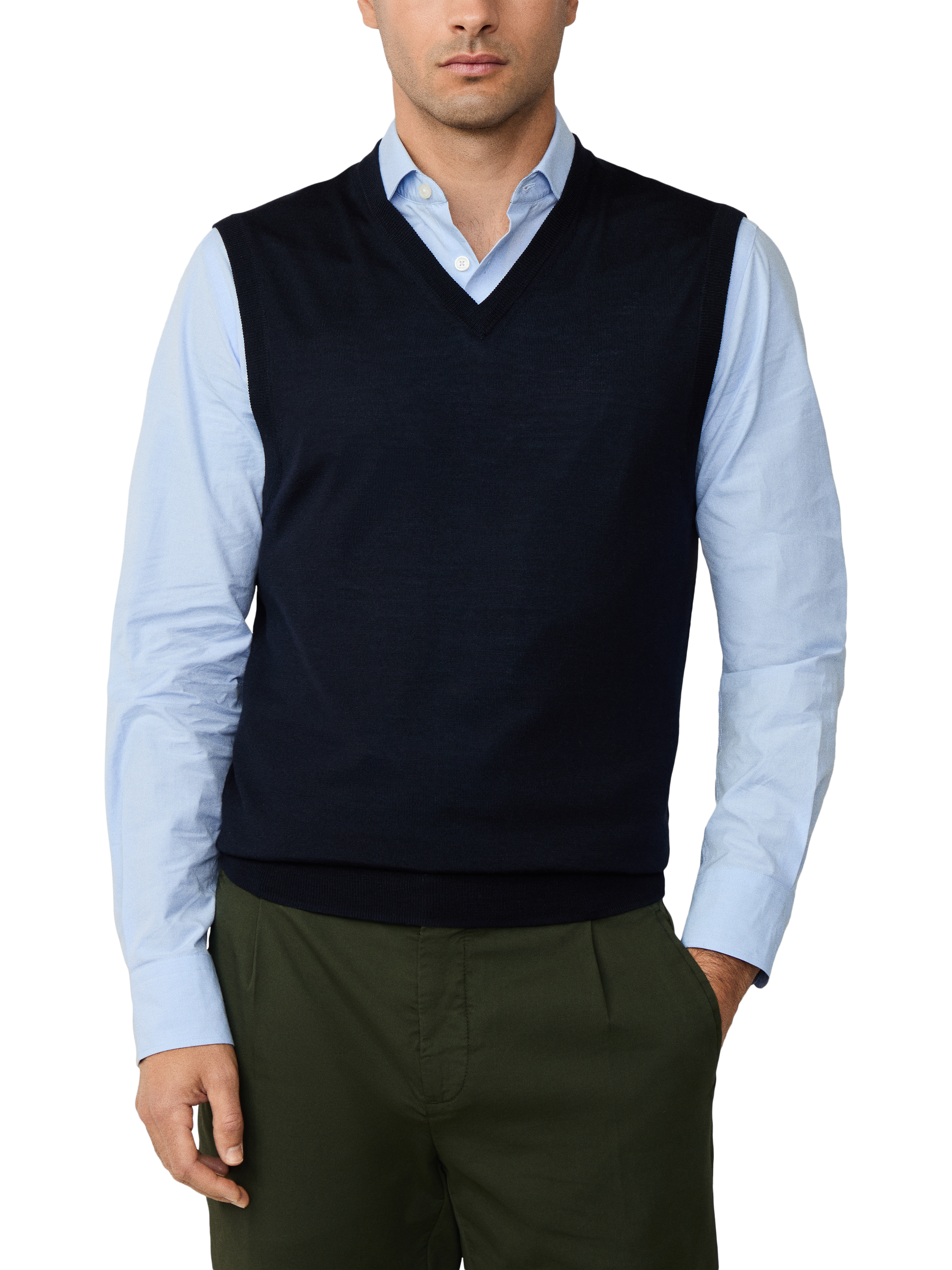 Product image 1 of 6, which shows Hackett London Wool Blend Sleeveless V Neck Vest, Midnight Blue, XXL