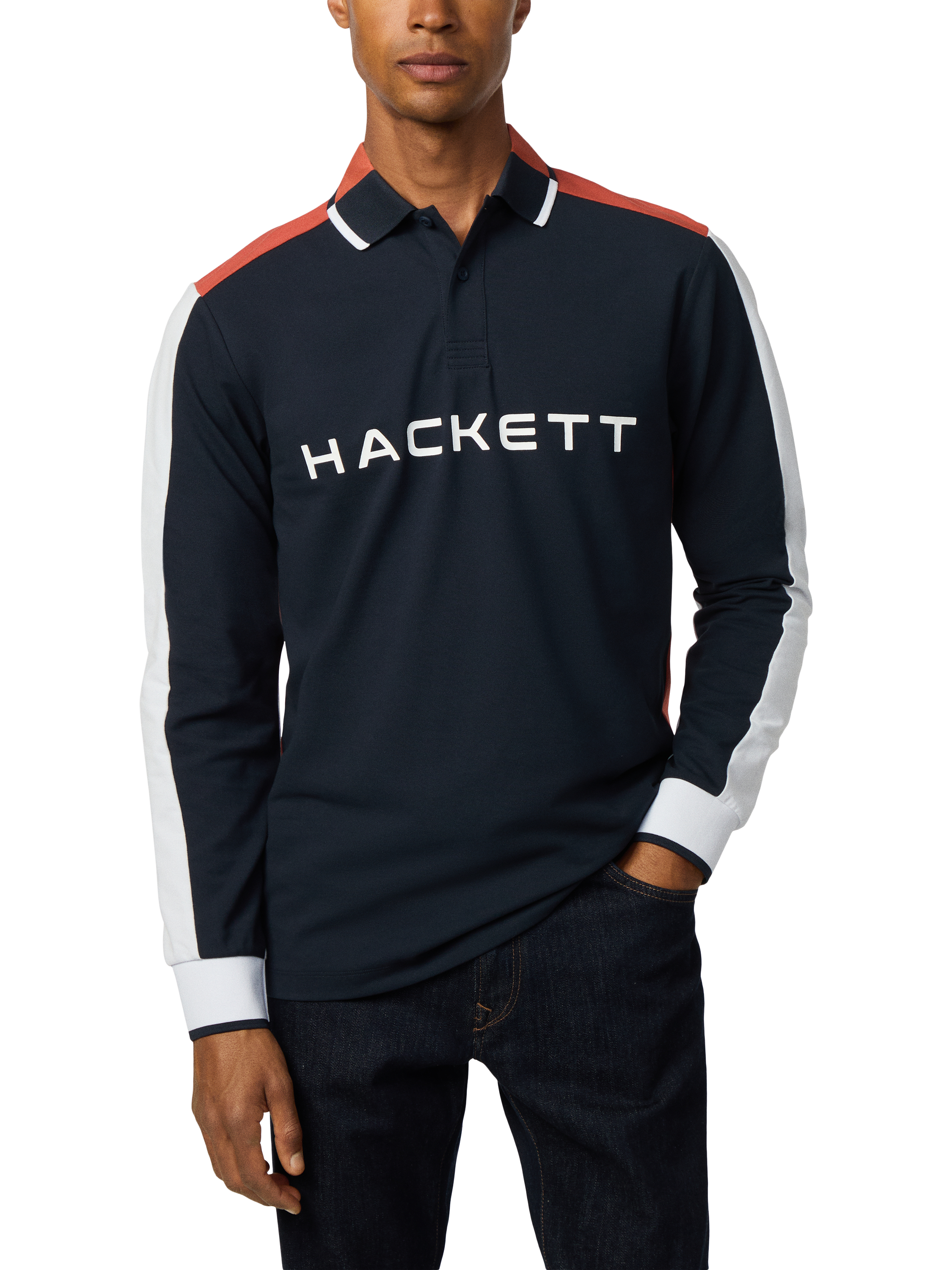 Product image 1 of 6, which shows Hackett London Sport Long Sleeved Polo Top, Navy/Multi, XXL