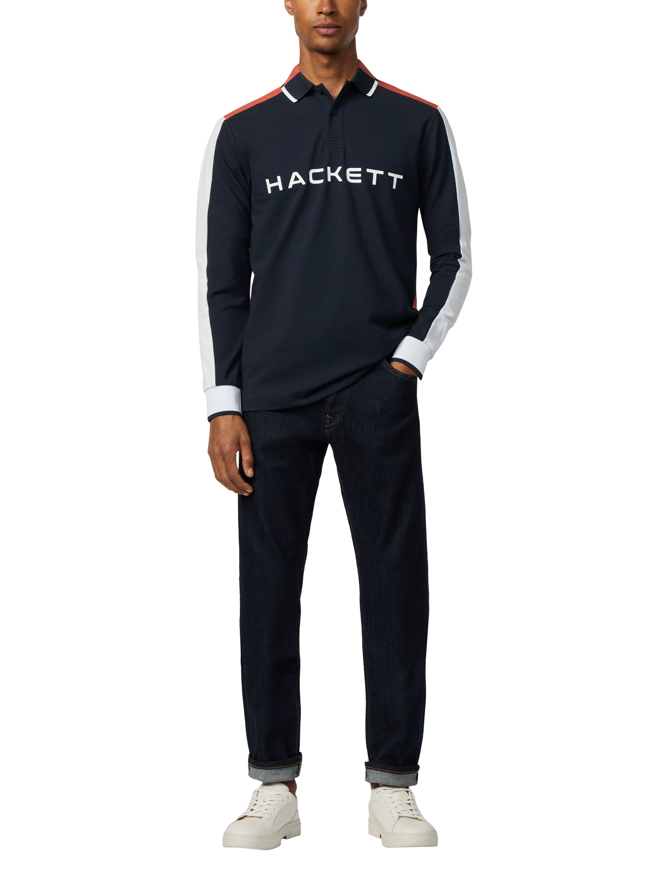 Product image 2 of 6, which shows Hackett London Sport Long Sleeved Polo Top, Navy/Multi, XXL