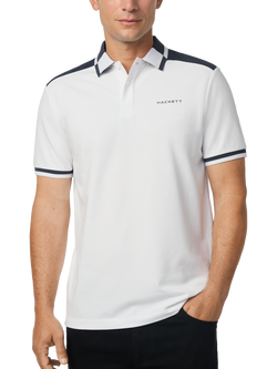 Hackett London Sport Cotton Blend Regular Fit Short Sleeve Polo Shirt, Optic White/Navy, Optic White/Navy