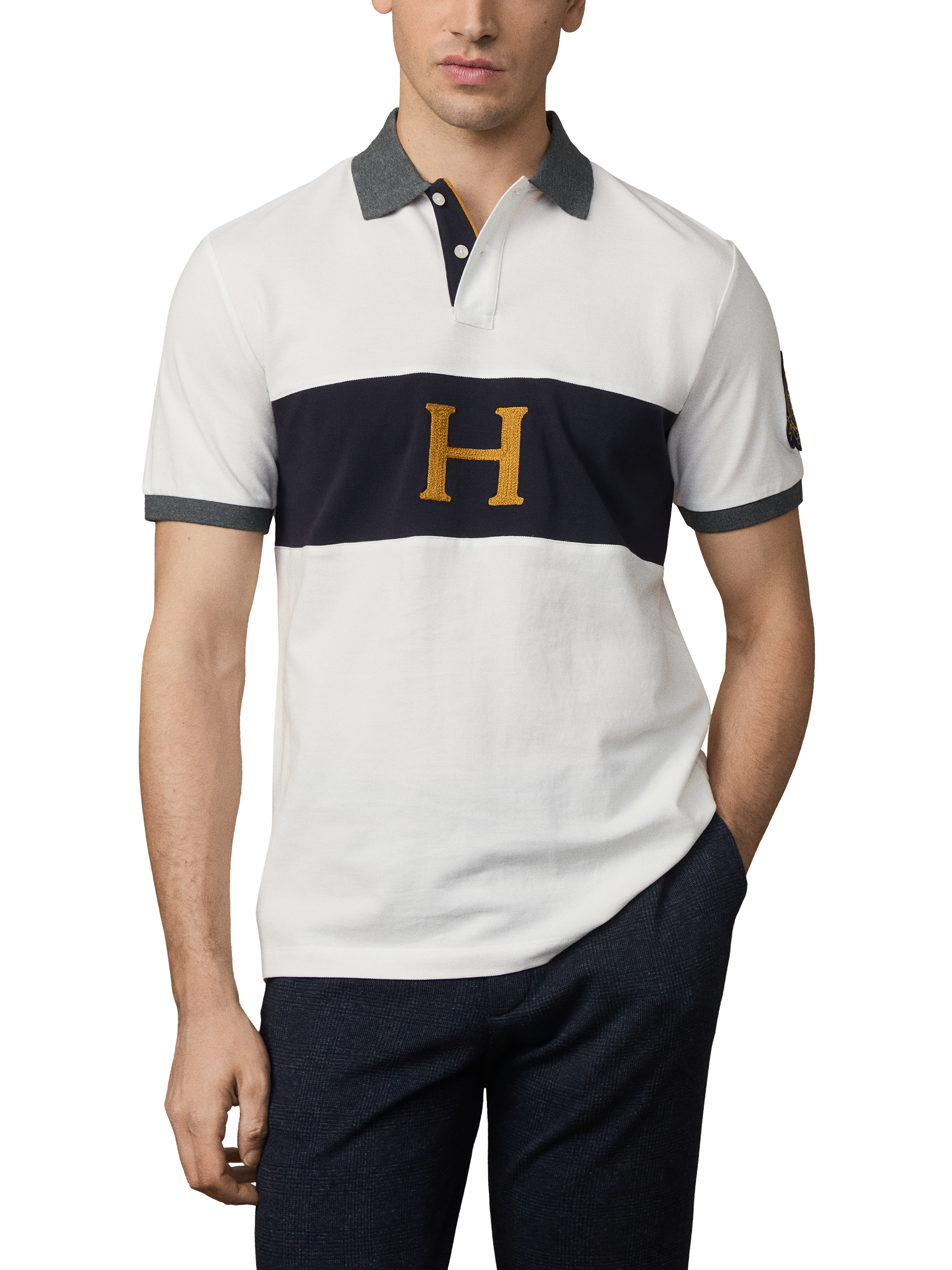 Product image 1 of 6, which shows Hackett London Cotton Short Sleeve Polo Shirt, Off White/Multi, L