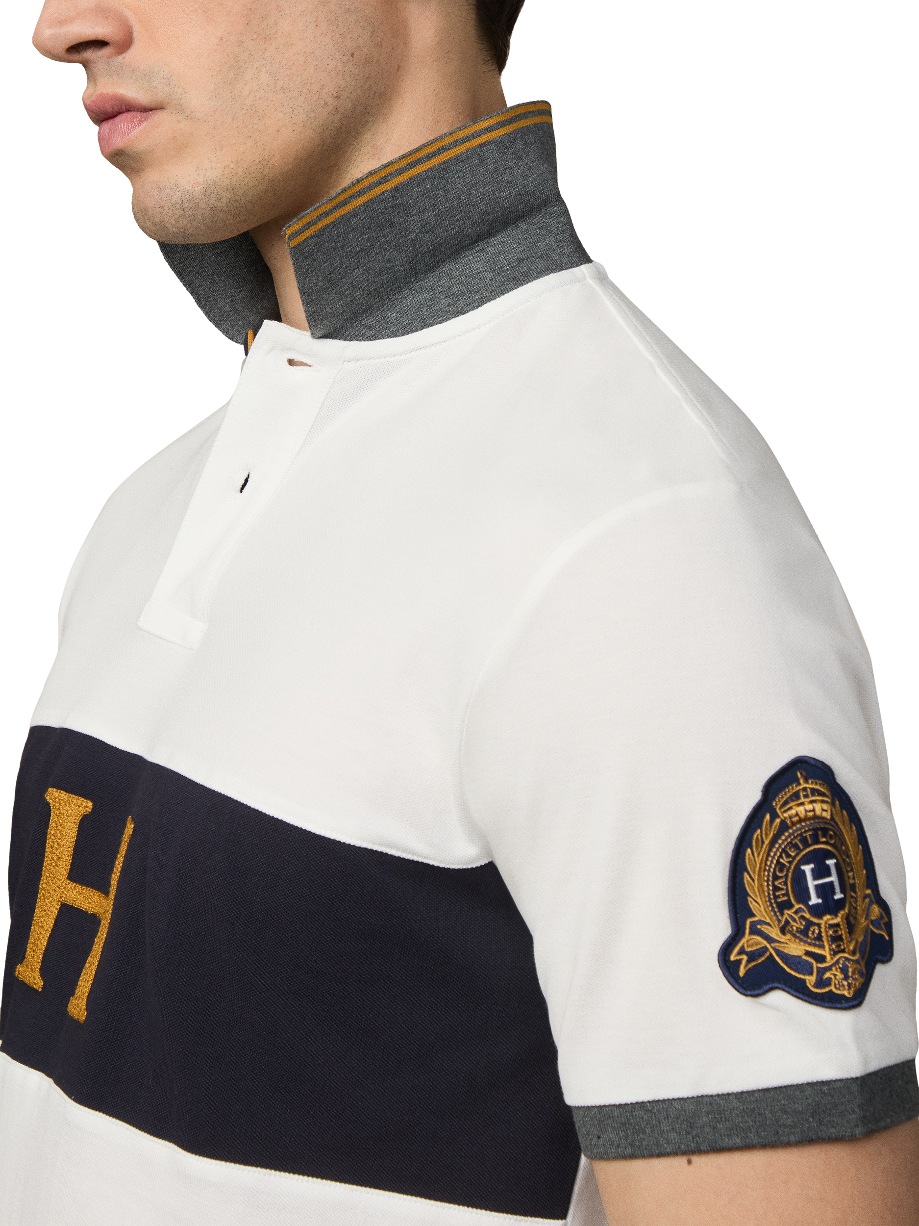 Product image 5 of 6, which shows Hackett London Cotton Short Sleeve Polo Shirt, Off White/Multi, L