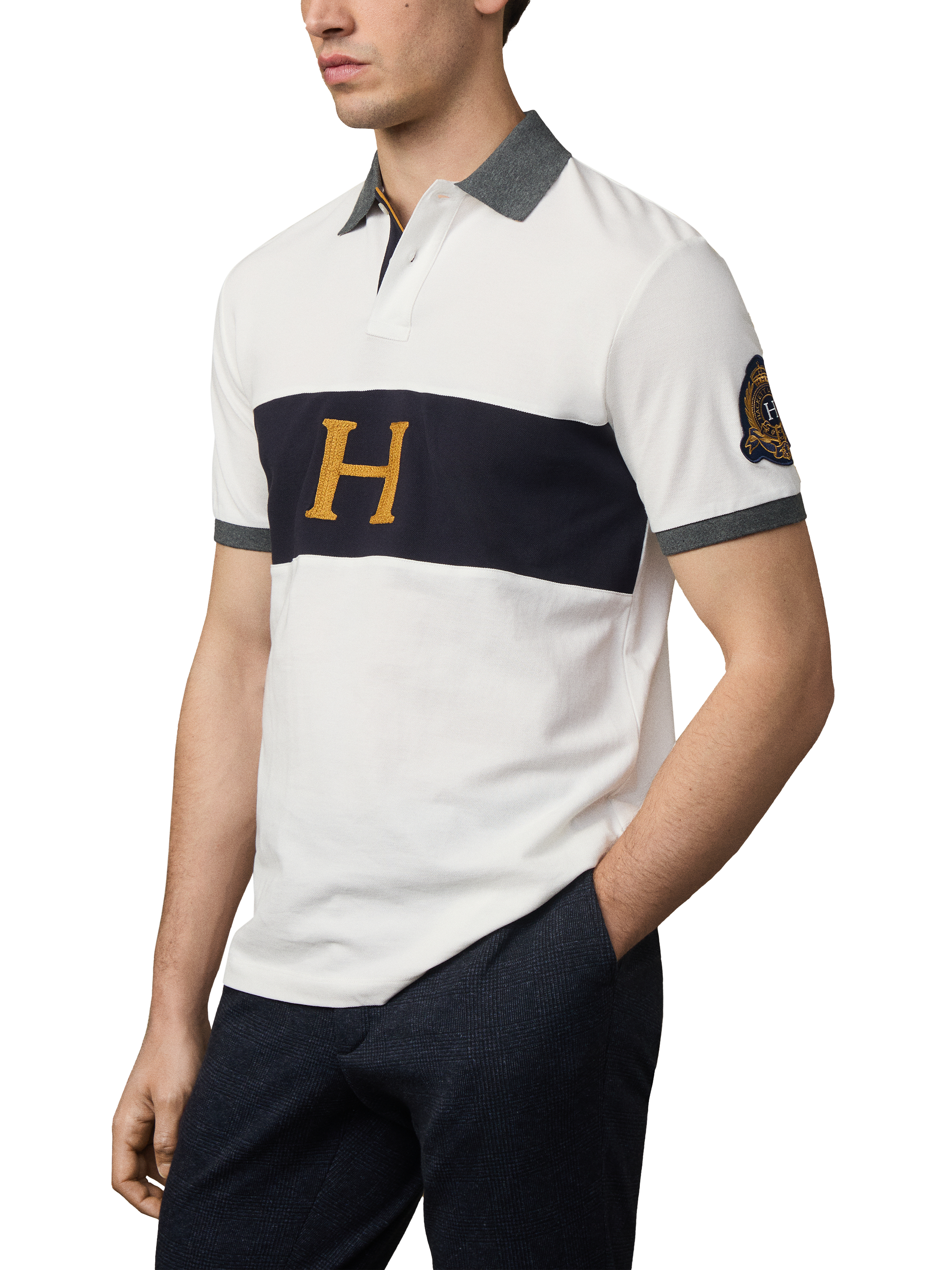 Product image 6 of 6, which shows Hackett London Cotton Short Sleeve Polo Shirt, Off White/Multi, L