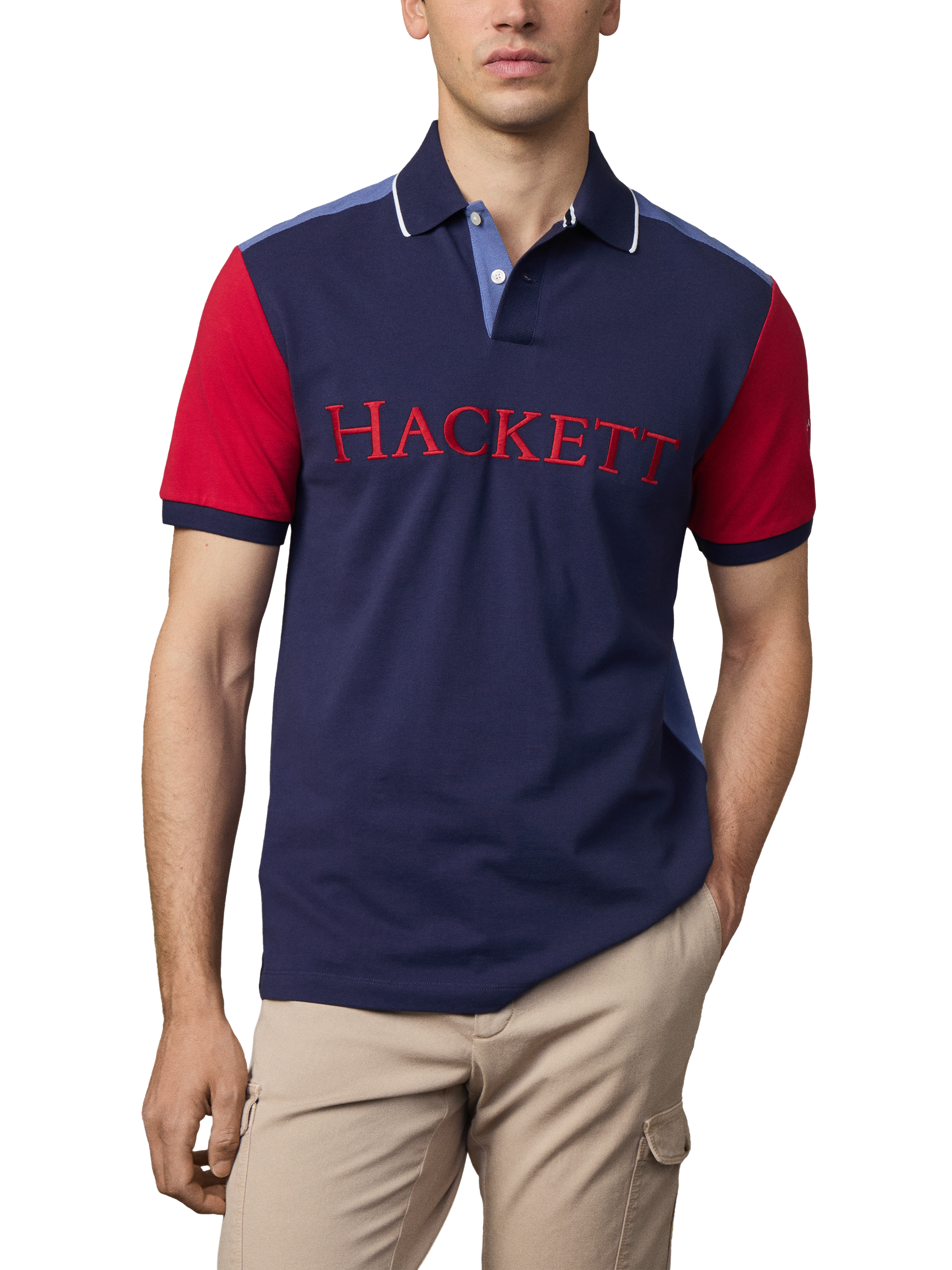 Product image 1 of 6, which shows Hackett London Cotton Short Sleeve Polo Shirt, Ink Blue/Red, XXL