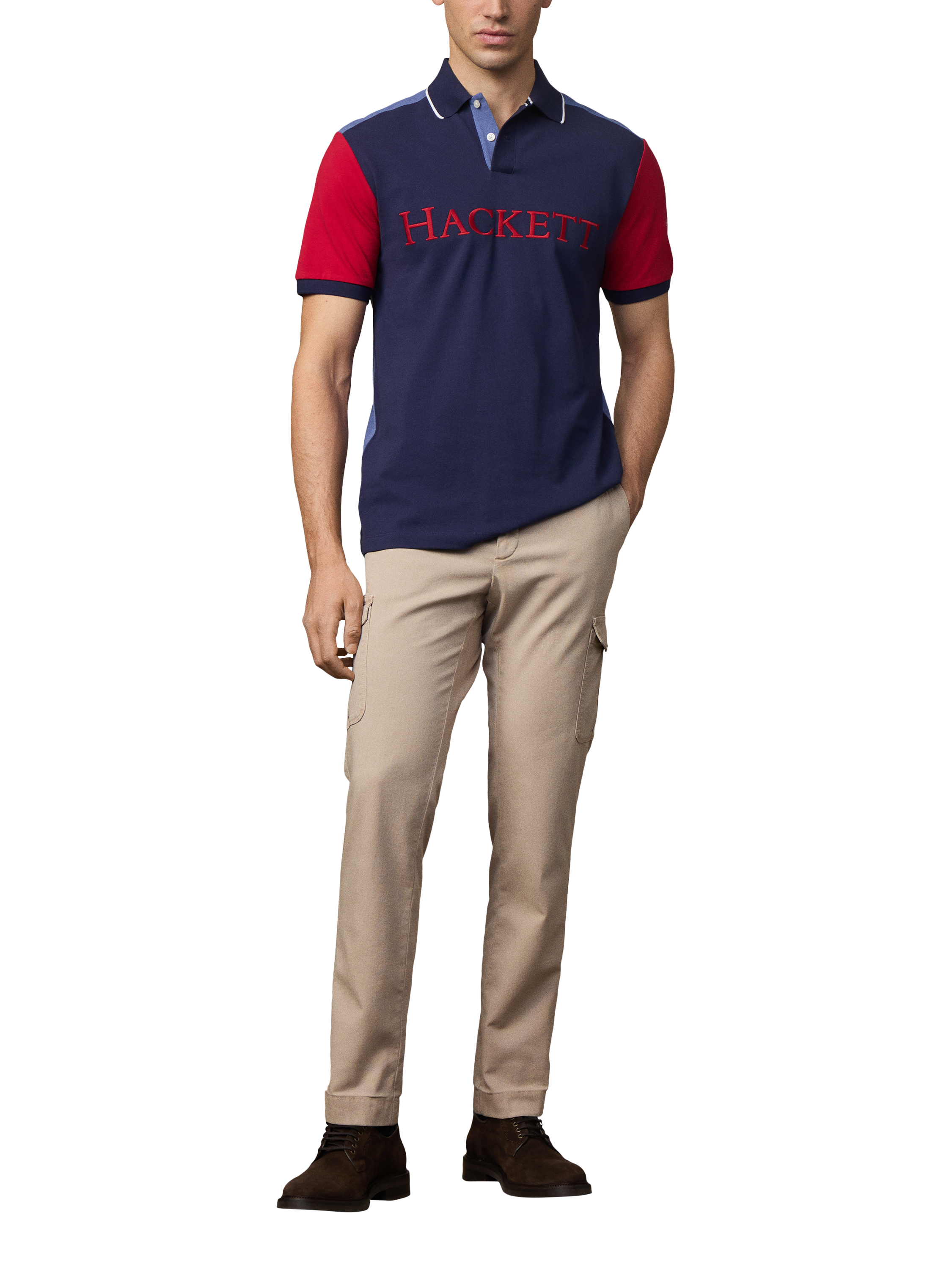 Product image 2 of 6, which shows Hackett London Cotton Short Sleeve Polo Shirt, Ink Blue/Red, XXL