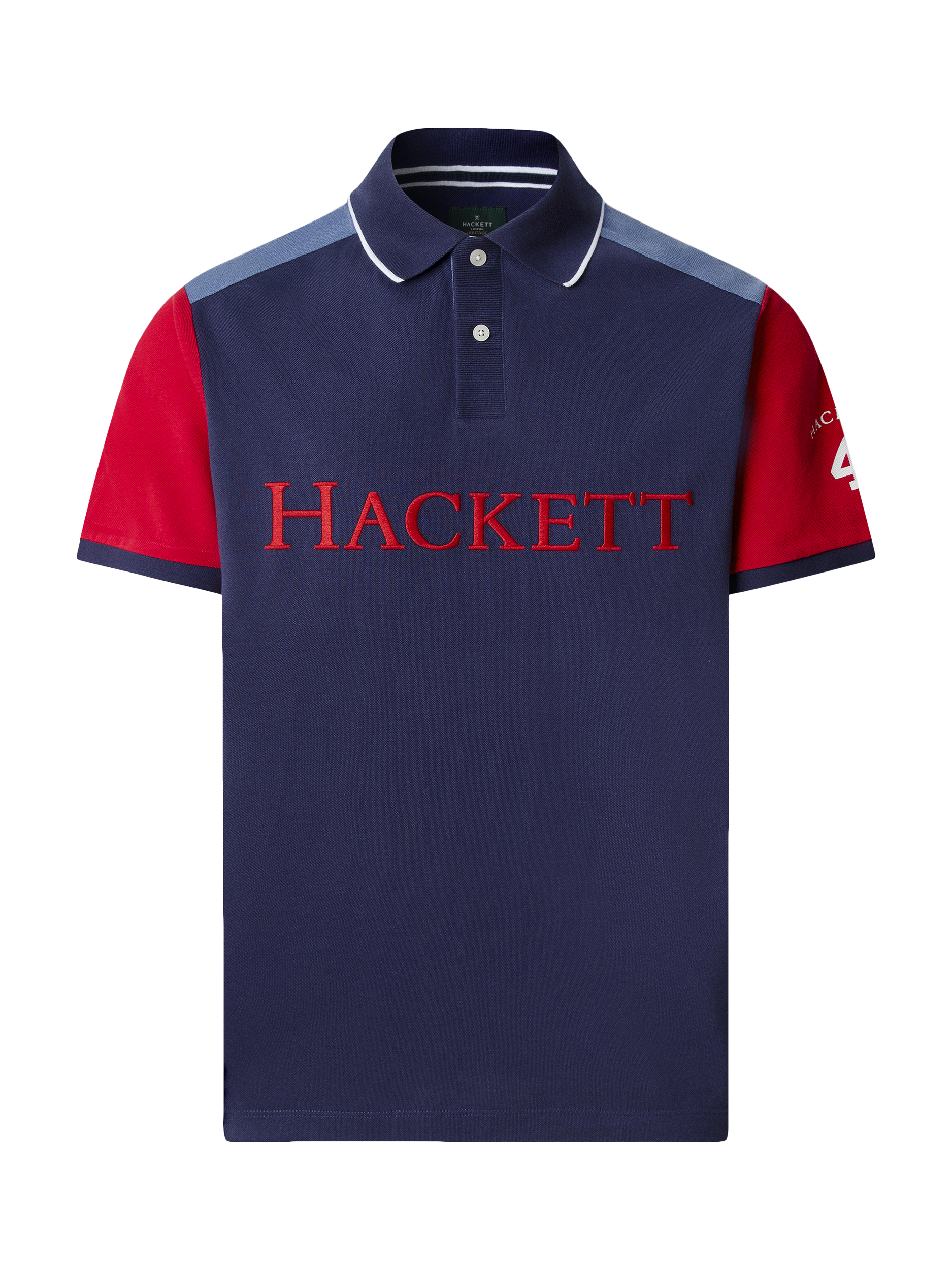 Product image 4 of 6, which shows Hackett London Cotton Short Sleeve Polo Shirt, Ink Blue/Red, XXL