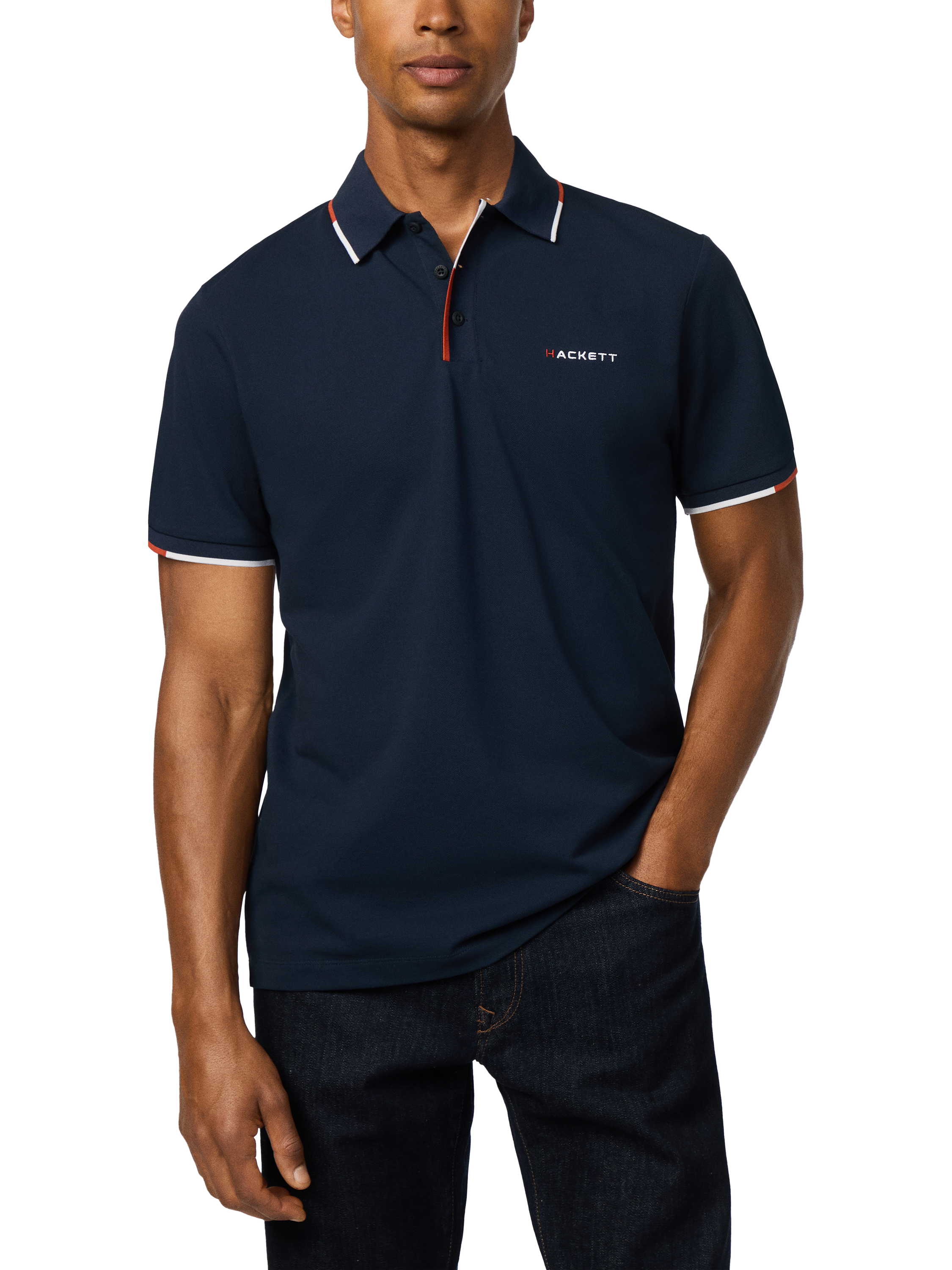 Product image 1 of 7, which shows Hackett London Cotton Blend Long Sleeve Polo Shirt, Navy, XXL