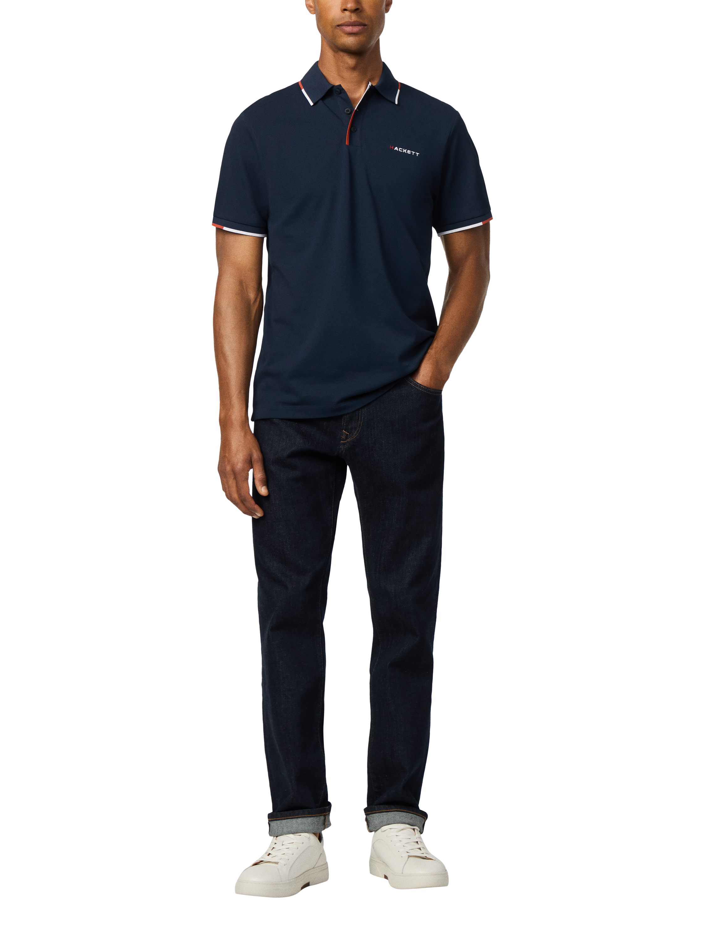 Product image 2 of 7, which shows Hackett London Cotton Blend Long Sleeve Polo Shirt, Navy, XXL