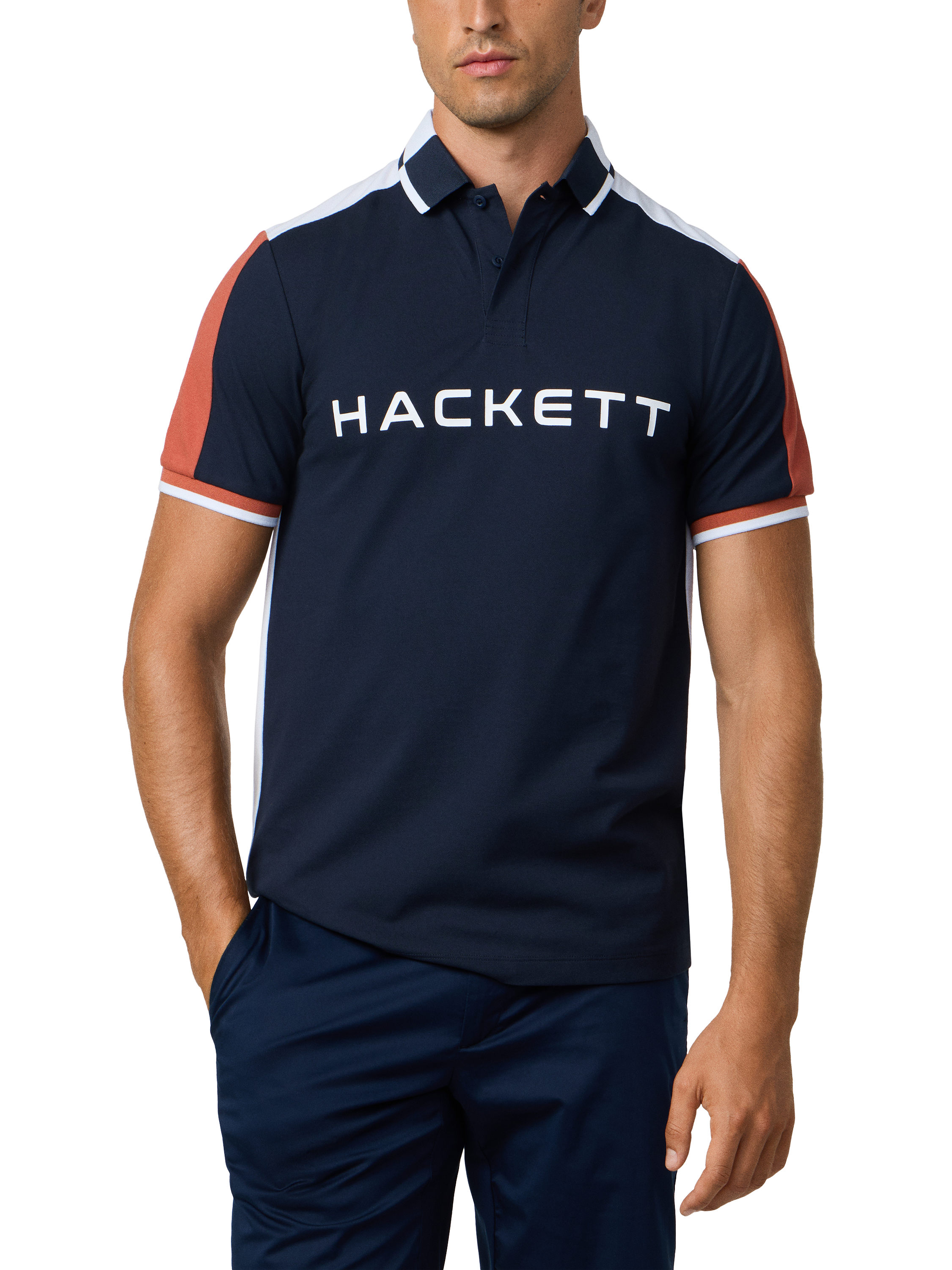 Product image 1 of 7, which shows Hackett London Cotton Blend Long Sleeve Polo Shirt, Navy, XXL