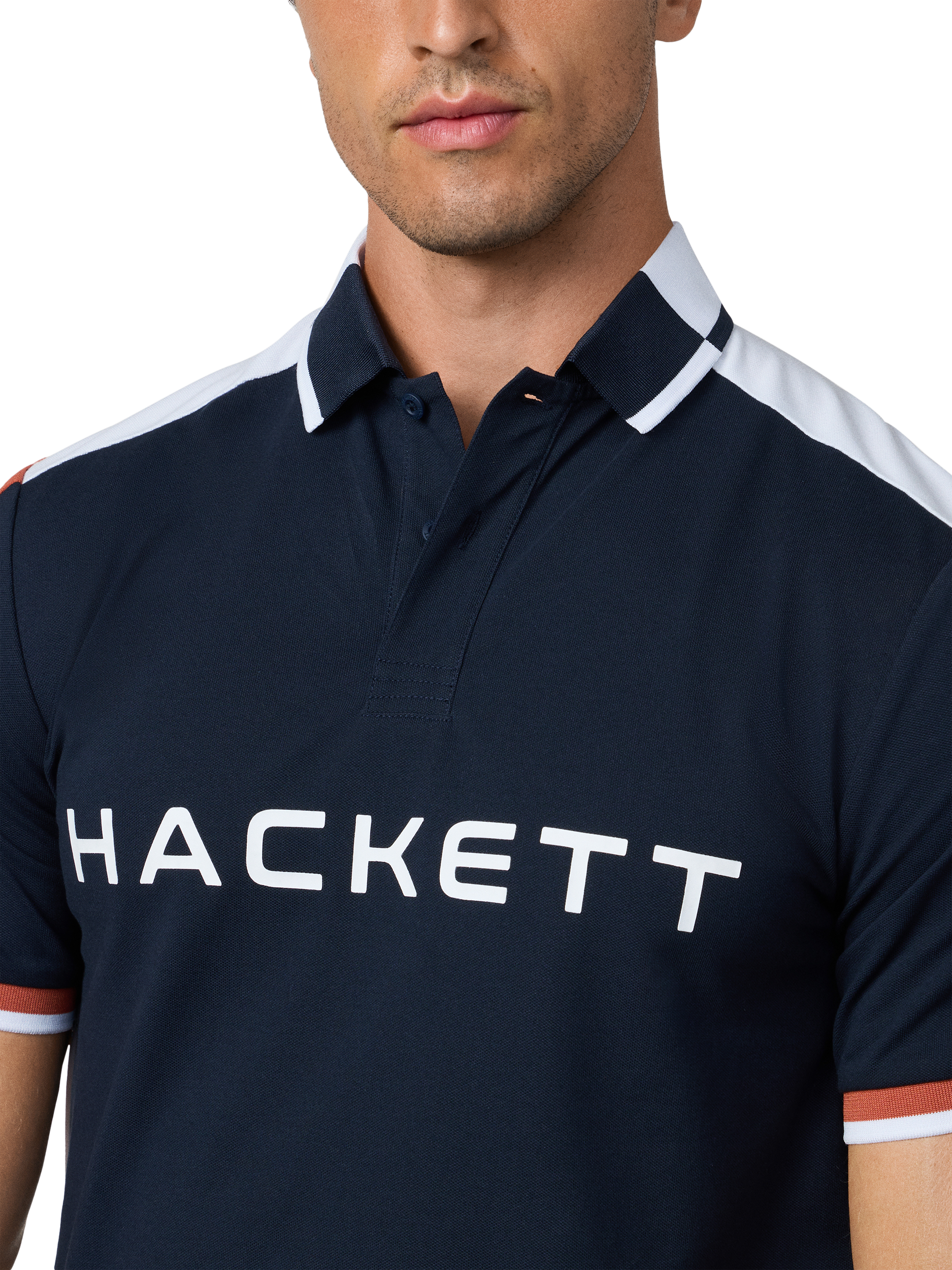 Product image 5 of 7, which shows Hackett London Cotton Blend Long Sleeve Polo Shirt, Navy, XXL
