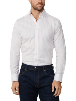 Hackett London Cotton Tailored Long Sleeved Striped Shirt, Burgundy Red