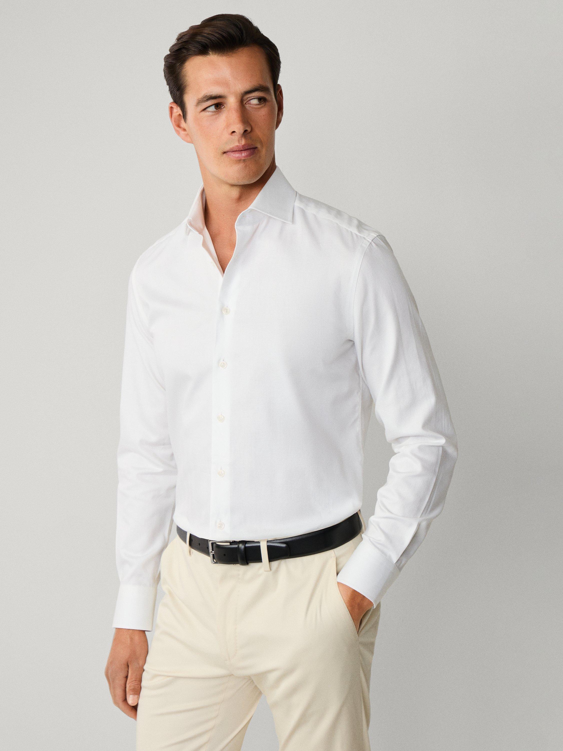 Product image 8 of 8, which shows Hackett London Cotton Herringbone Tailored Long Sleeve Collar Shirt, Optic White, XXL