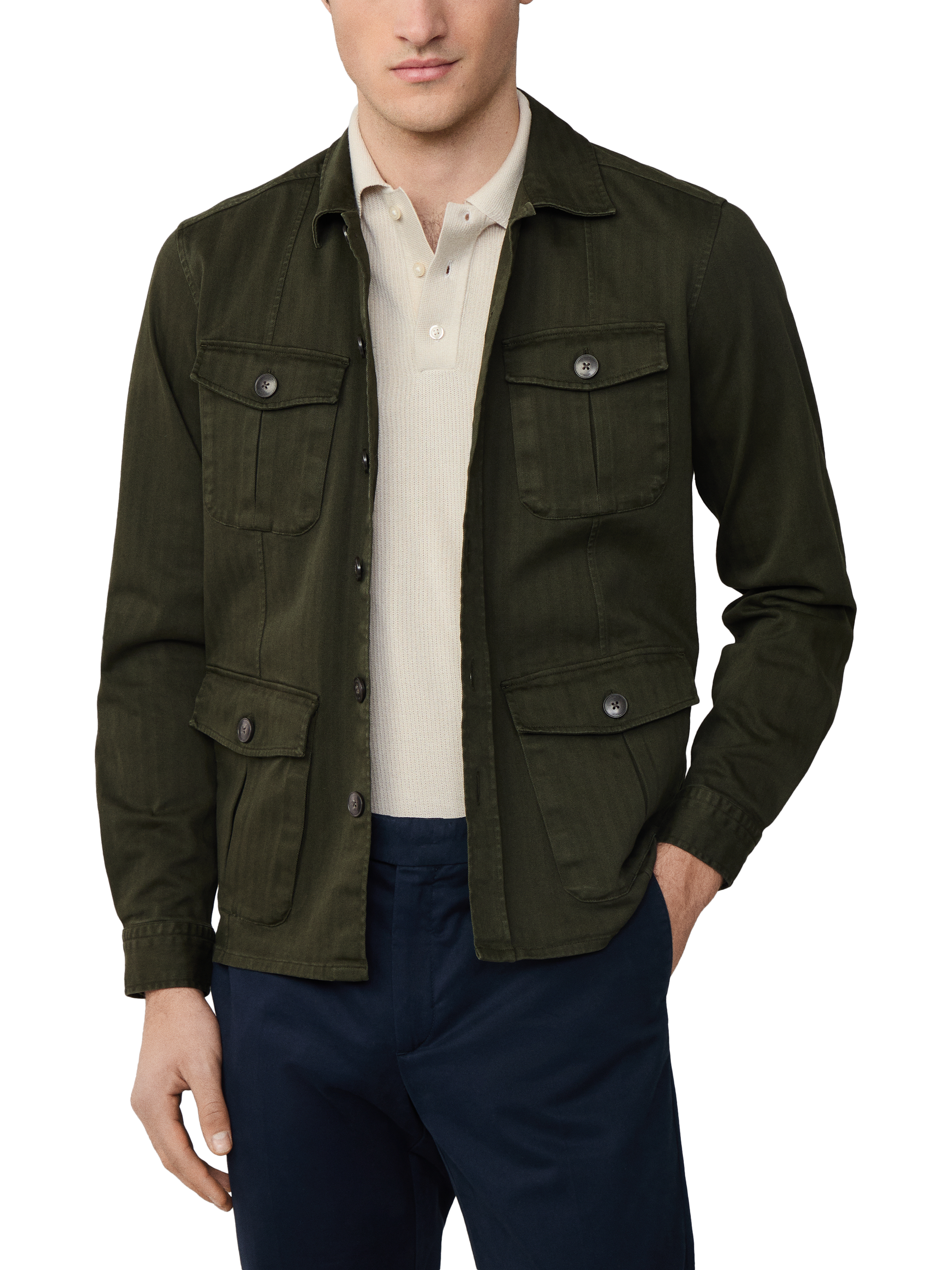Product image 1 of 7, which shows Hackett London Cotton Blend Long Sleeve Collar Shirt, Hunter Green, XS
