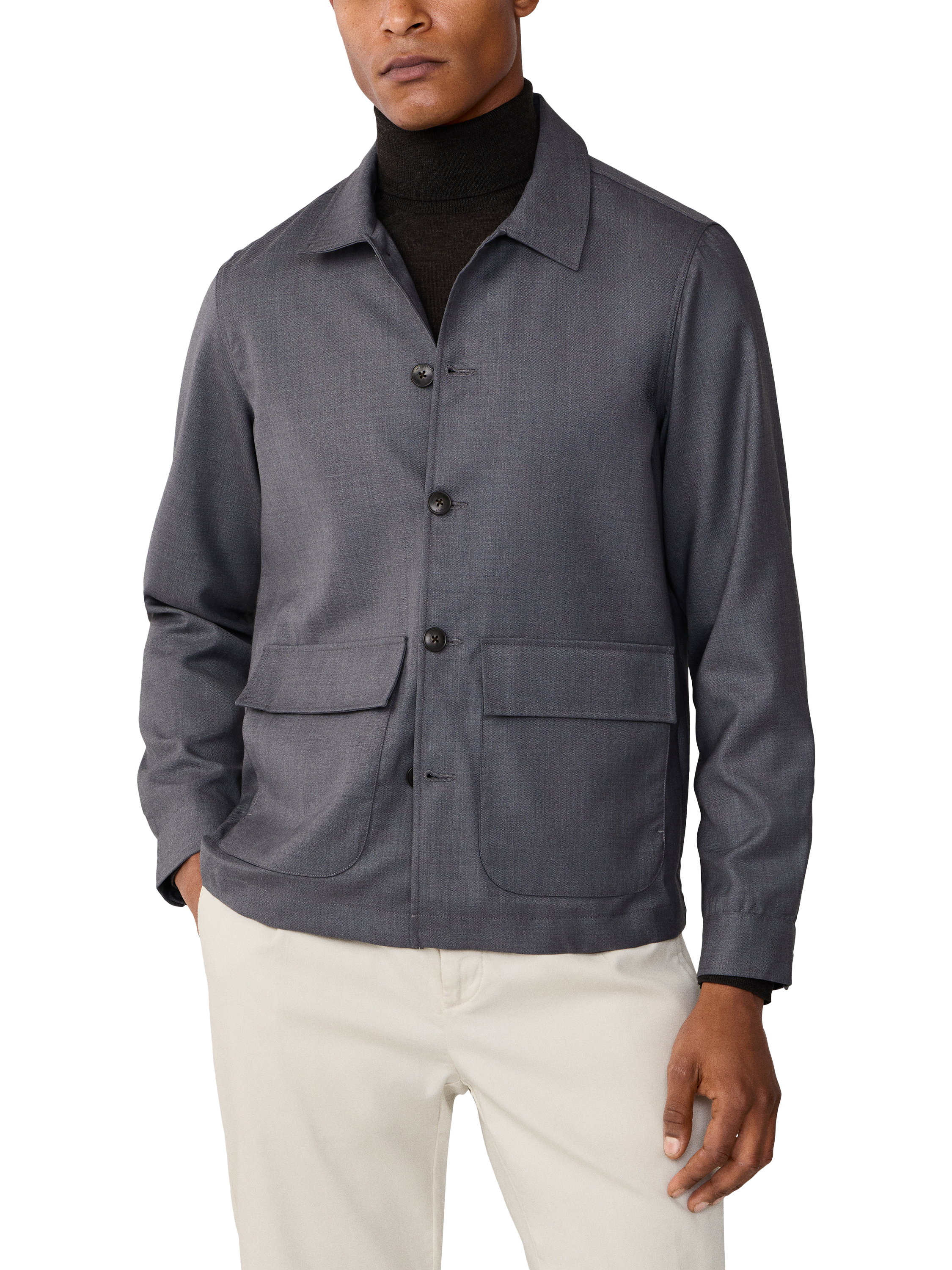 Product image 1 of 8, which shows Hackett London Cotton Blend Long Sleeve Collar Shirt, Dark Grey, XS